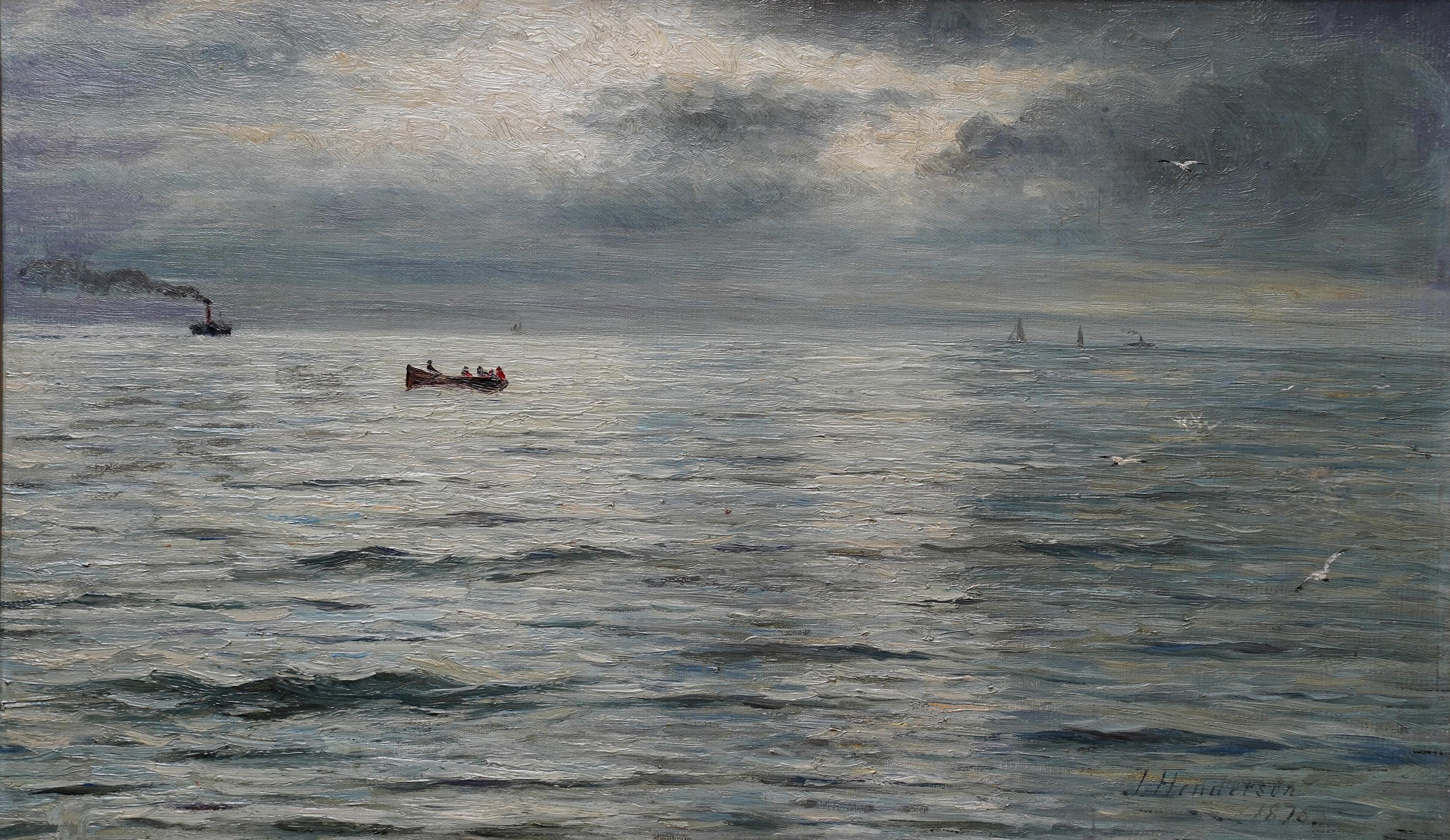 Paesaggio marino con barche e tempesta in arrivo - Quadro ad olio impressionista scozzese del XIX secolo - Painting di Joseph Henderson R.S.W