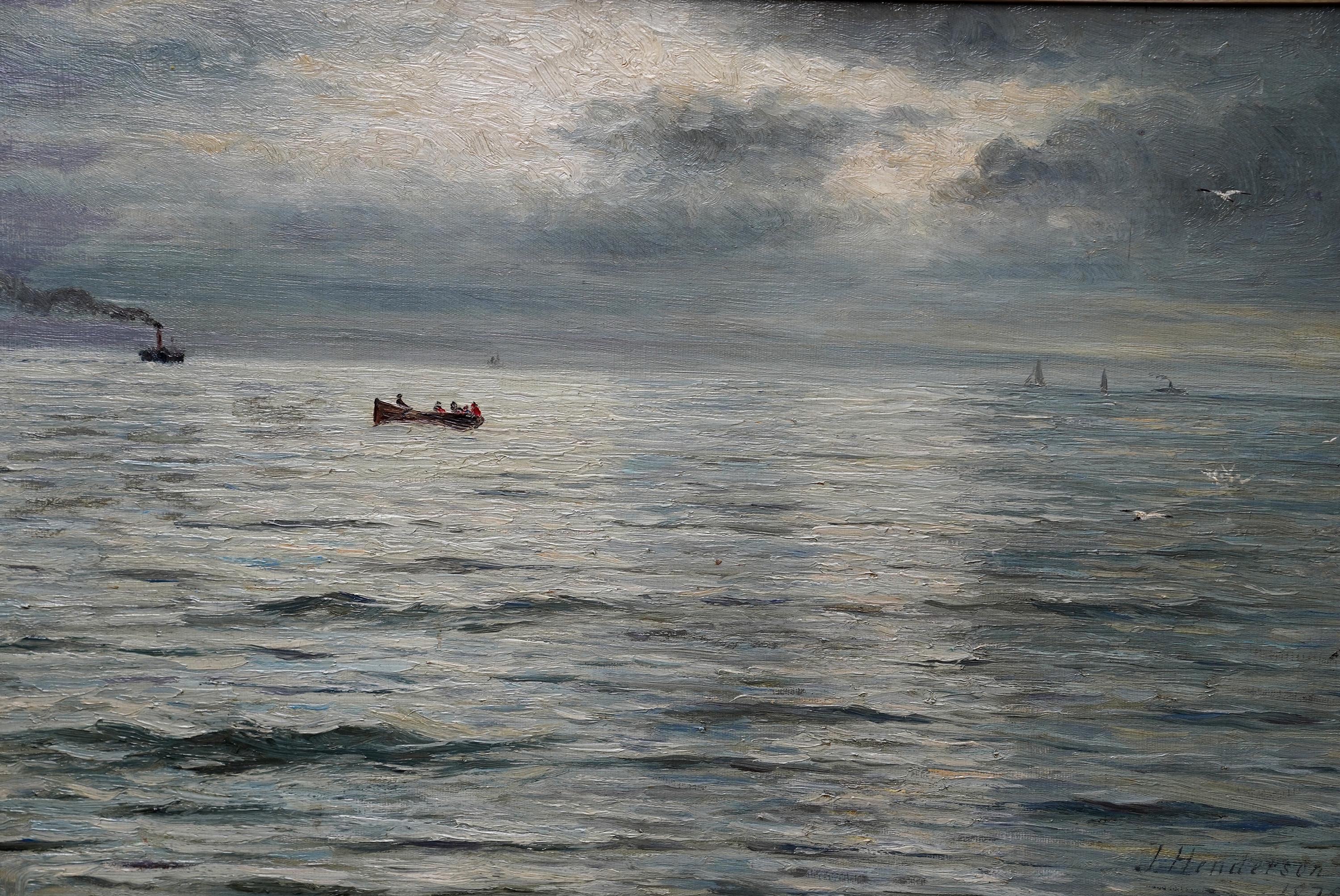 Paesaggio marino con barche e tempesta in arrivo - Quadro ad olio impressionista scozzese del XIX secolo - Painting Impressionismo di Joseph Henderson R.S.W