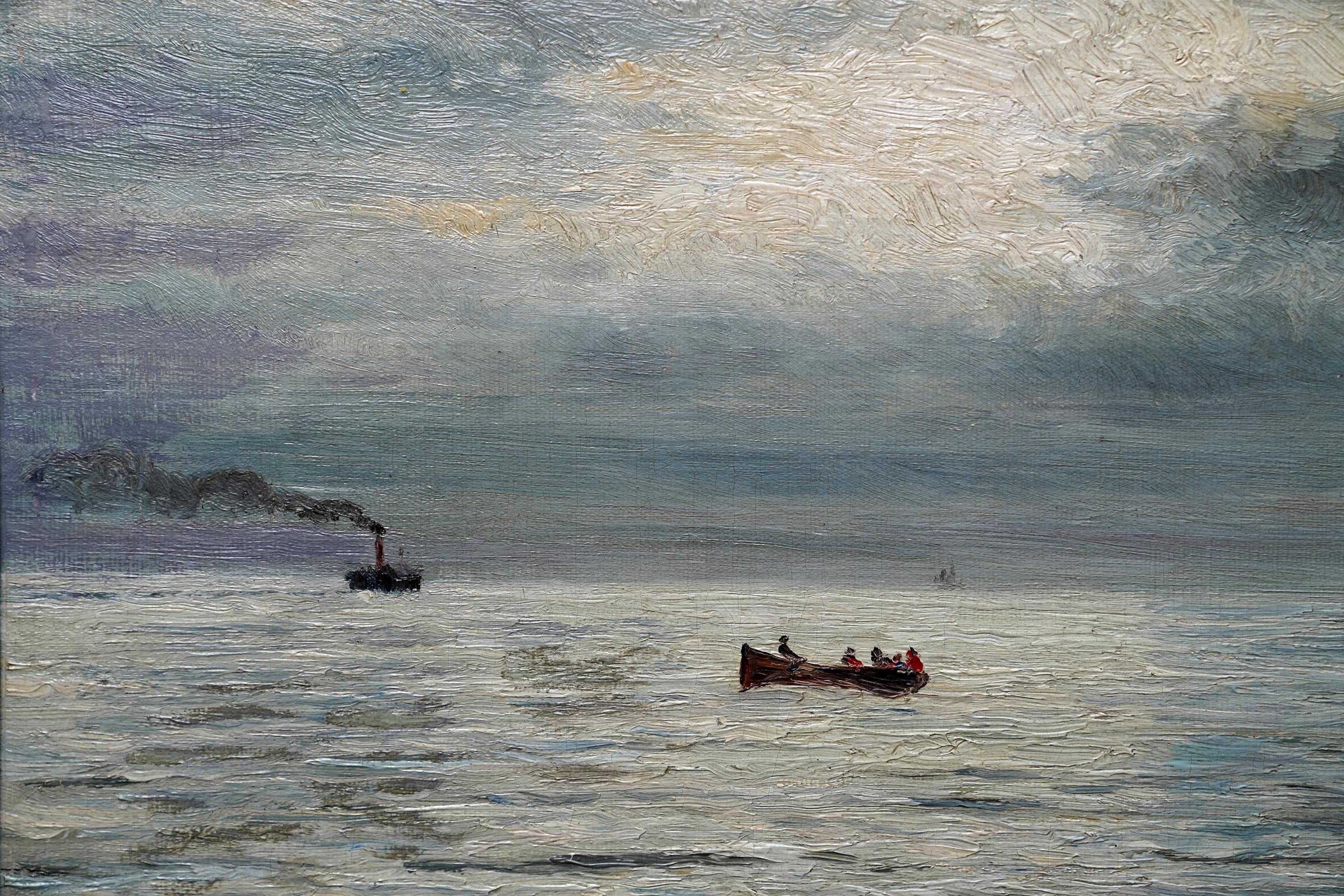 Paesaggio marino con barche e tempesta in arrivo - Quadro ad olio impressionista scozzese del XIX secolo - Landscape Painting Grigio di Joseph Henderson R.S.W