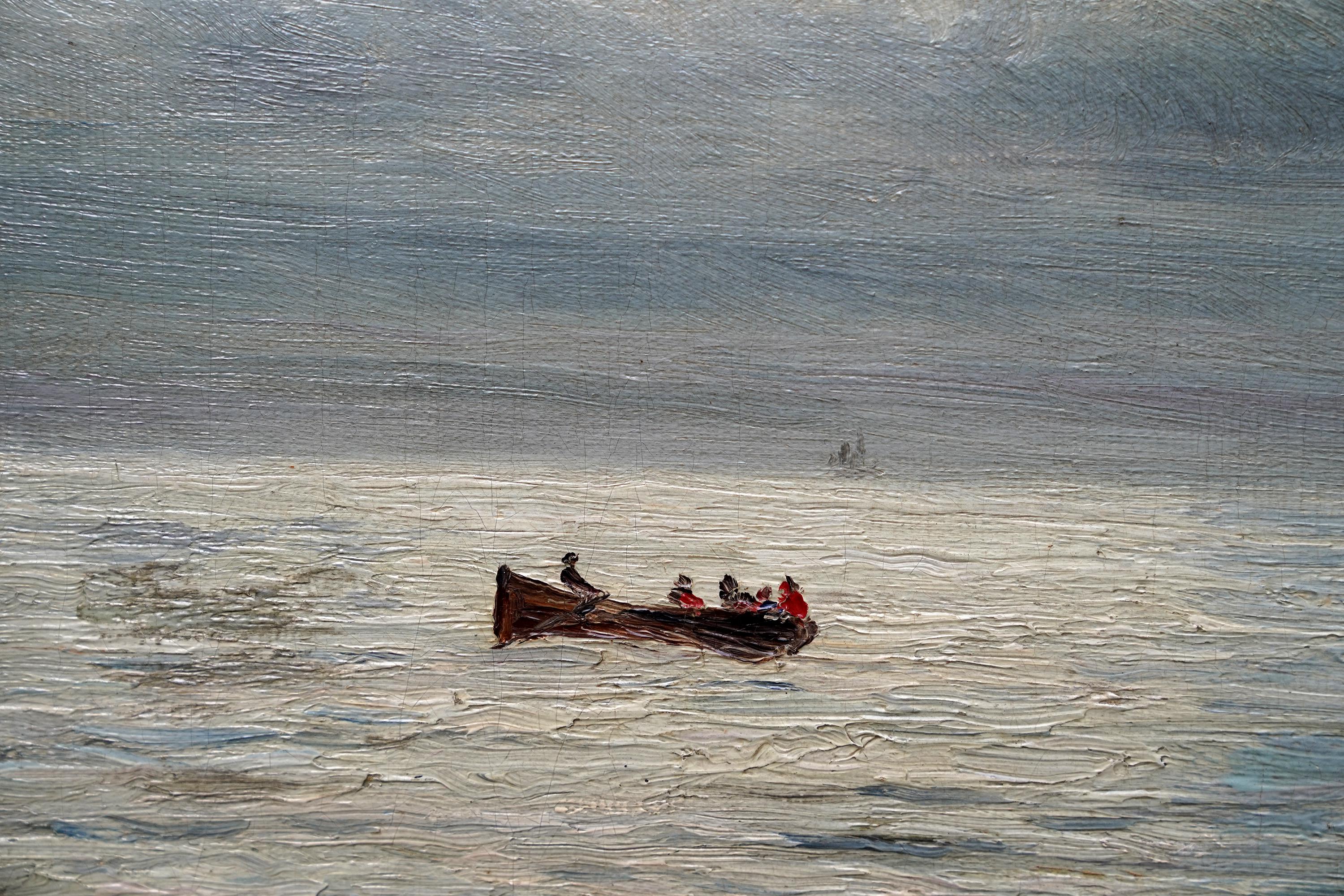 Seascape with Boats Storm Coming - Scottish 19thC exh impressionist oil painting For Sale 1