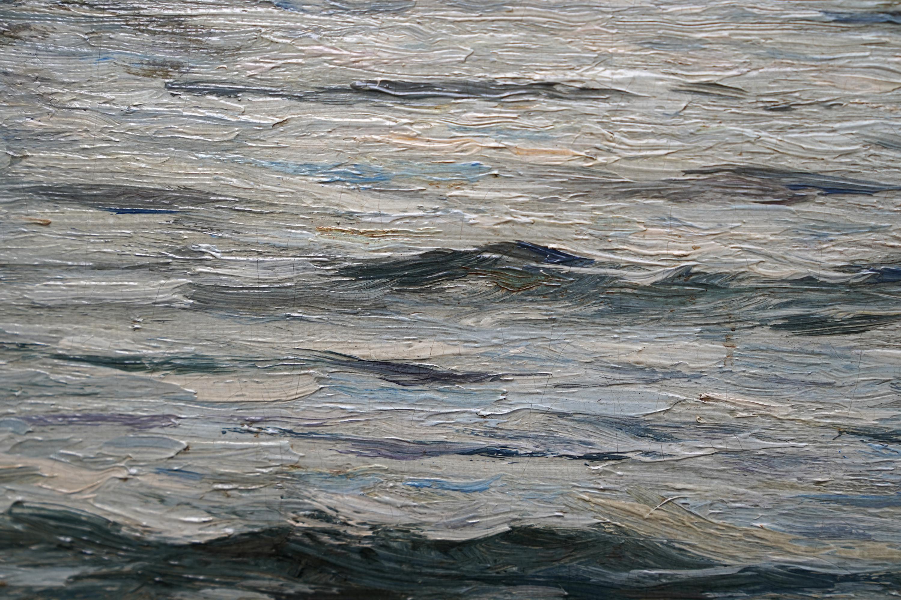 Paesaggio marino con barche e tempesta in arrivo - Quadro ad olio impressionista scozzese del XIX secolo in vendita 1