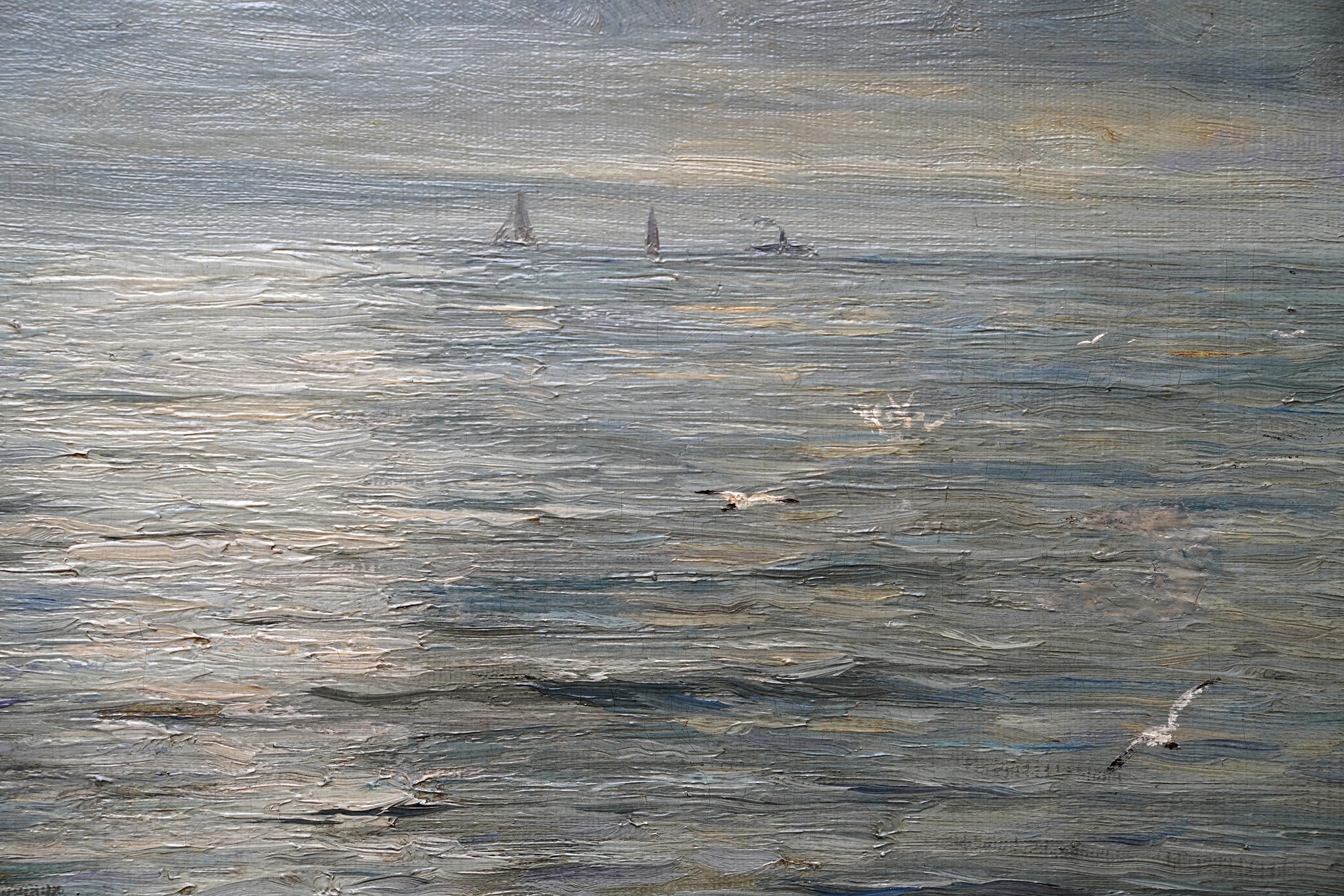 Paesaggio marino con barche e tempesta in arrivo - Quadro ad olio impressionista scozzese del XIX secolo in vendita 2