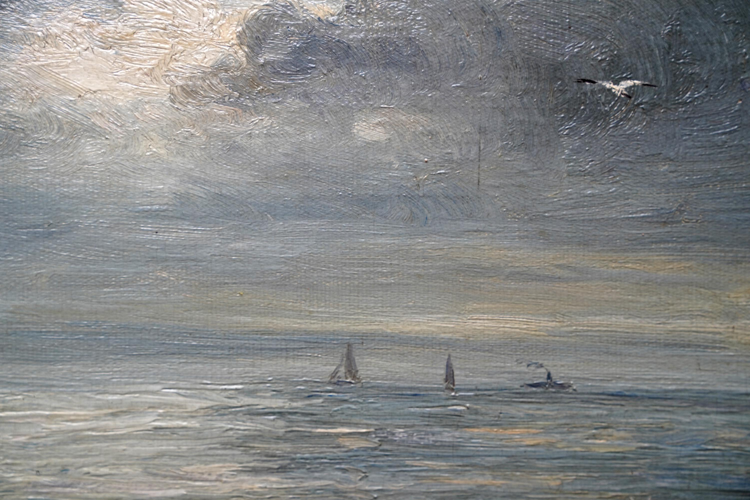 Seascape with Boats Storm Coming - Scottish 19thC exh impressionist oil painting For Sale 4