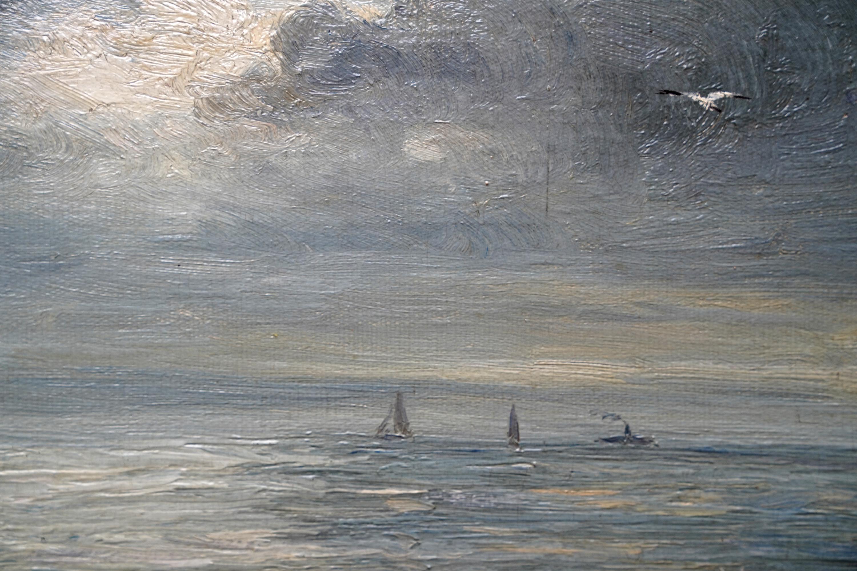 Paesaggio marino con barche e tempesta in arrivo - Quadro ad olio impressionista scozzese del XIX secolo in vendita 3