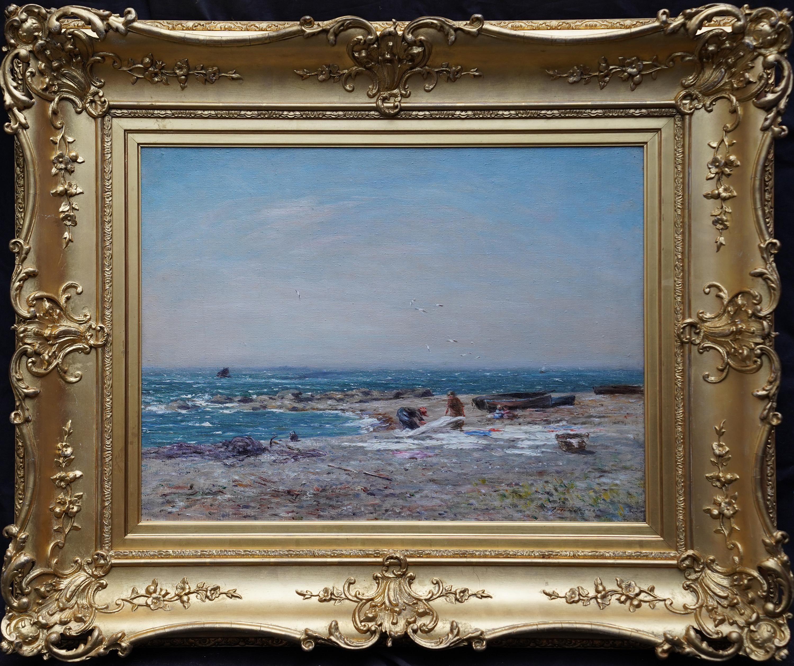 Washing Day in Coastal Landscape - Scottish Victorian Impressionist oil painting For Sale 10