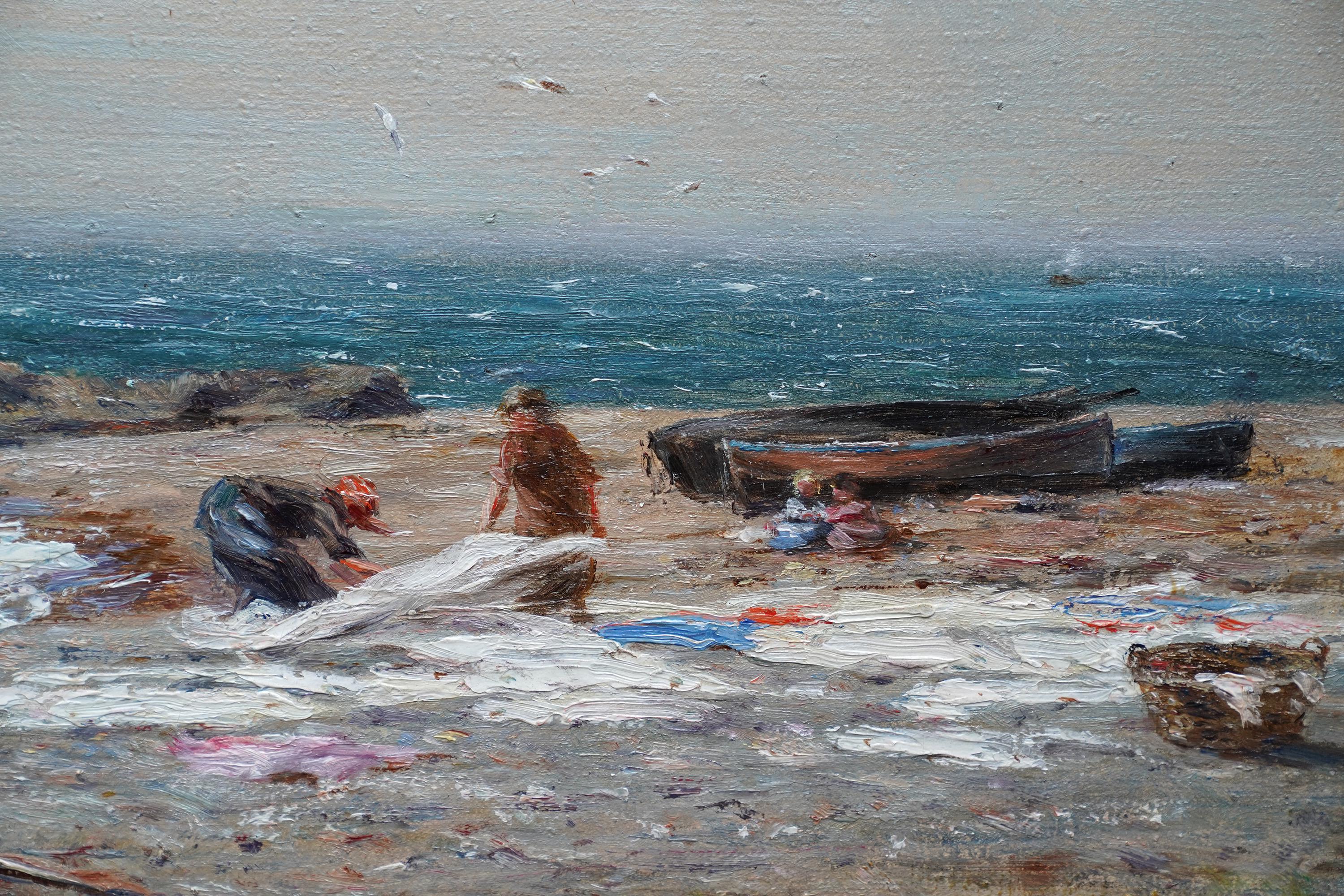 This lovely Scottish Impressionist Victorian oil painting is by noted artist Joseph Henderson. Painted circa 1880 it is entitled Washing Day. The composition is of two women laying out white sheets to dry on flat rocks by the sea. Two little