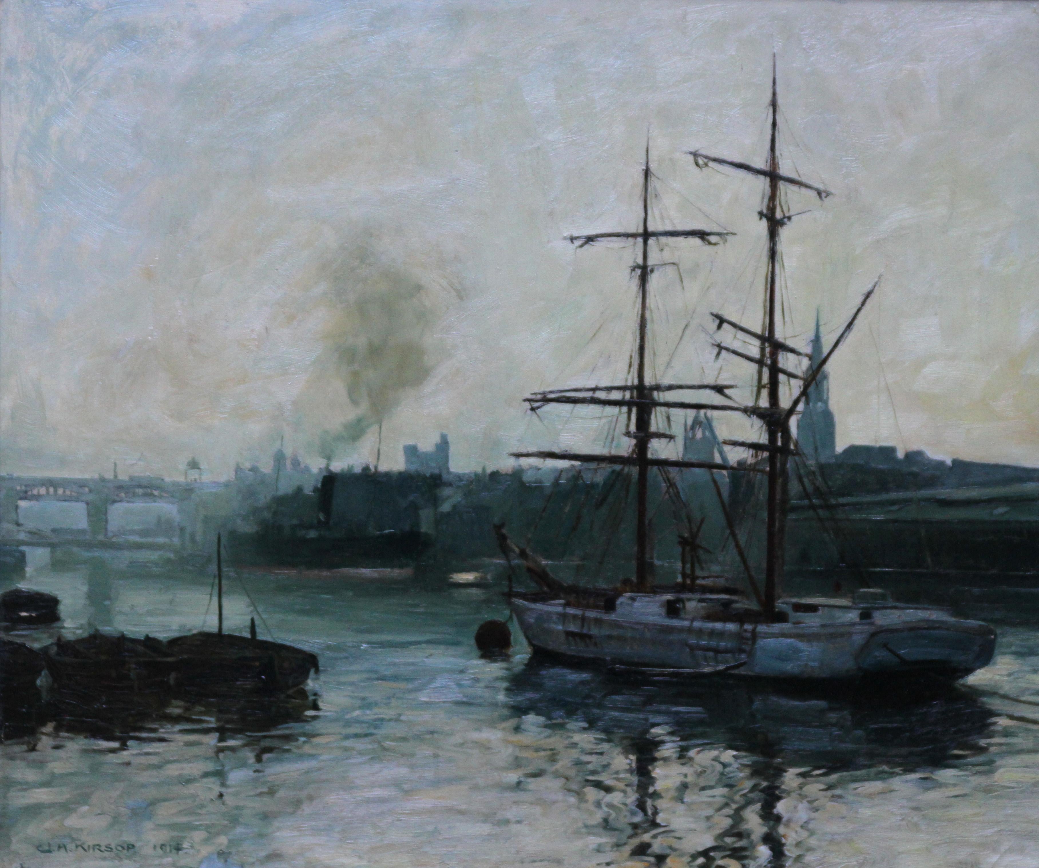 The Port of Newcastle Upon Tyne - British 1914 marine art oil painting For Sale 6