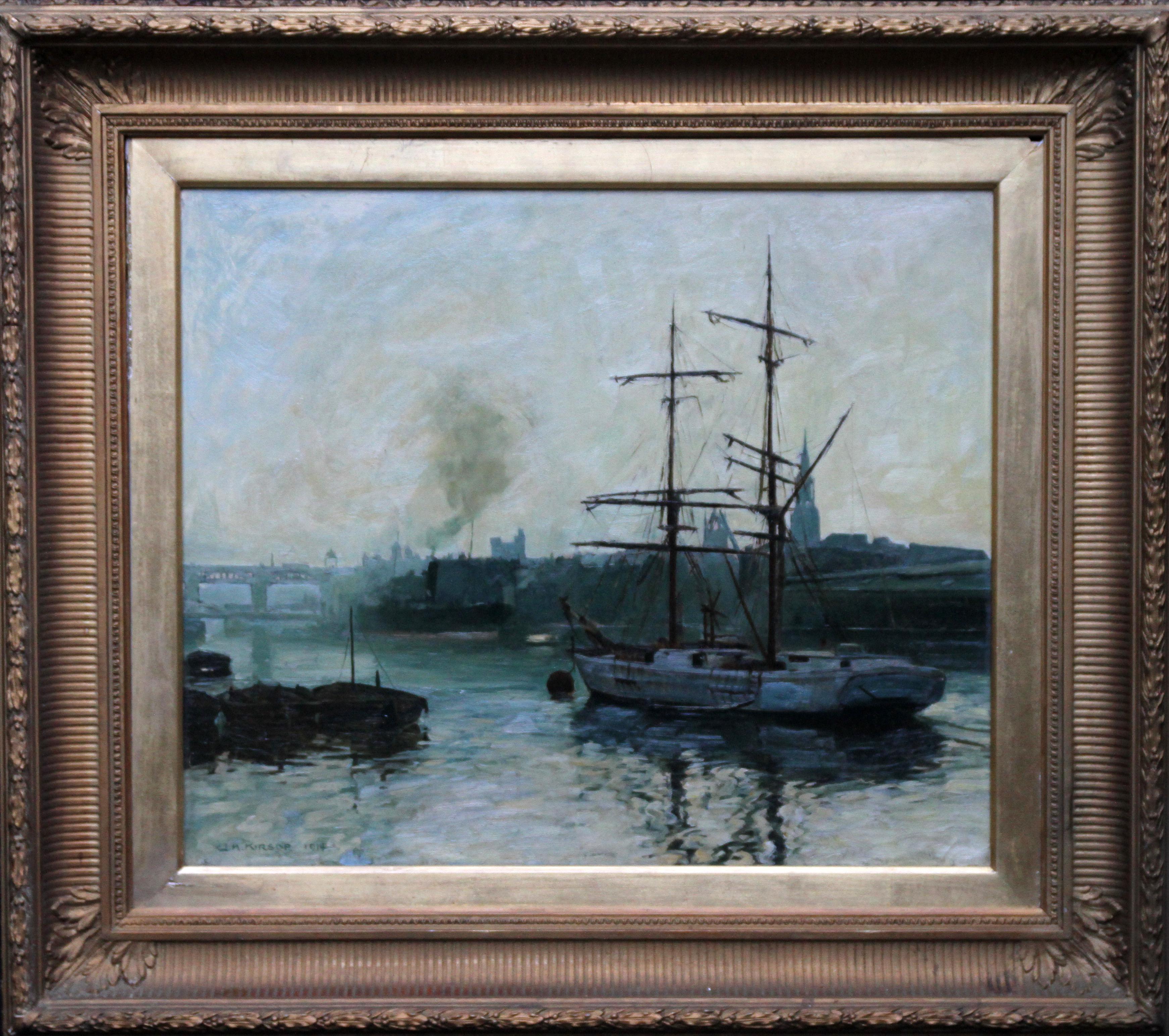 The Port of Newcastle Upon Tyne - British 1914 marine art oil painting For Sale 7