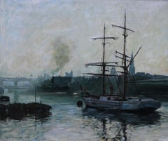 Il porto di Newcastle Upon Tyne - Quadro ad olio di arte marinara britannico del 1914