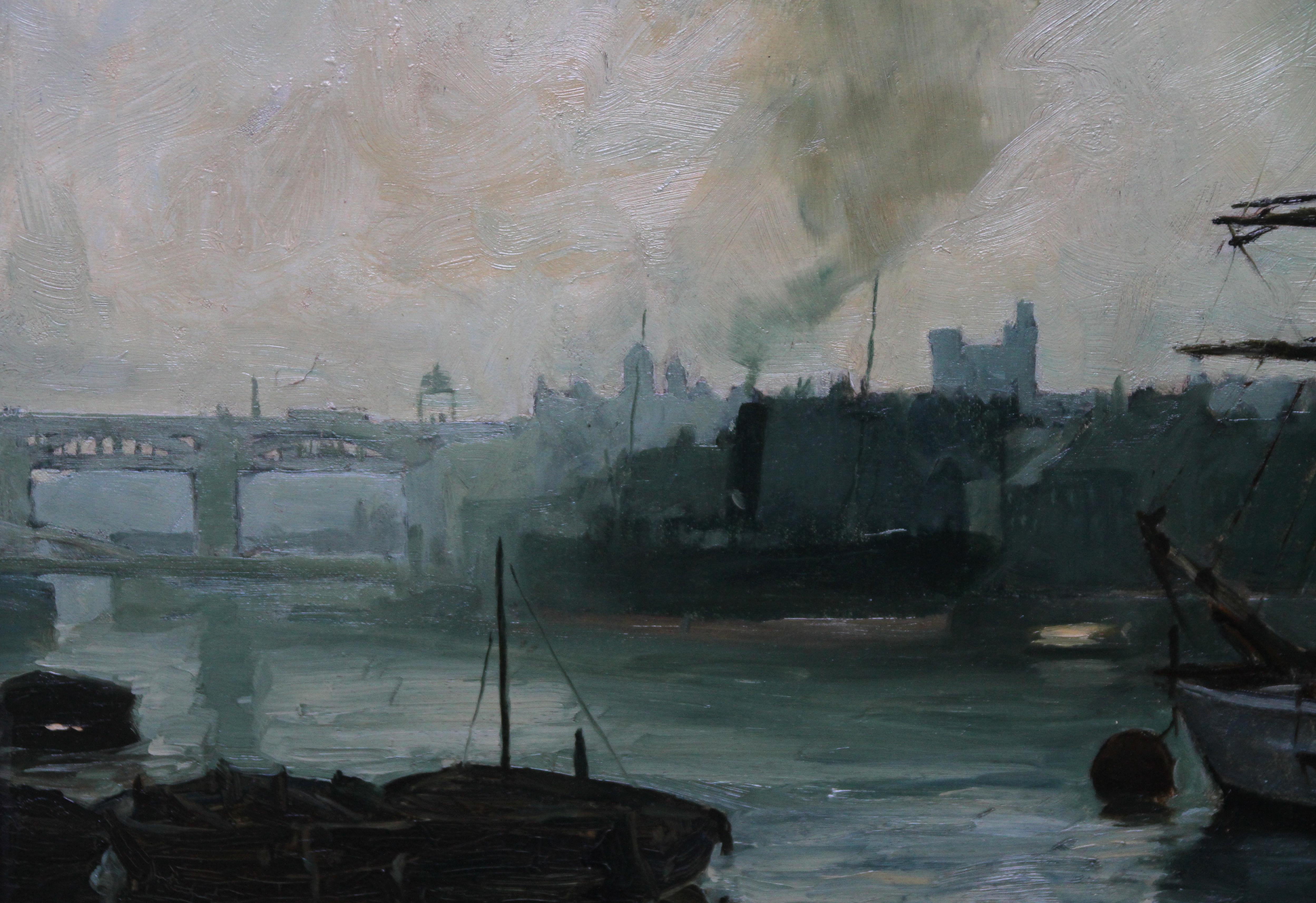 Dieses schöne, historisch interessante britische Marine-Ölgemälde stammt von dem Newcastler Künstler Joseph Henry Kirsop. Das Gemälde wurde 1914 gemalt und zeigt den Hafen von Newcastle upon Tyne. Eine Reihe von Booten und Schiffen sind abgebildet,