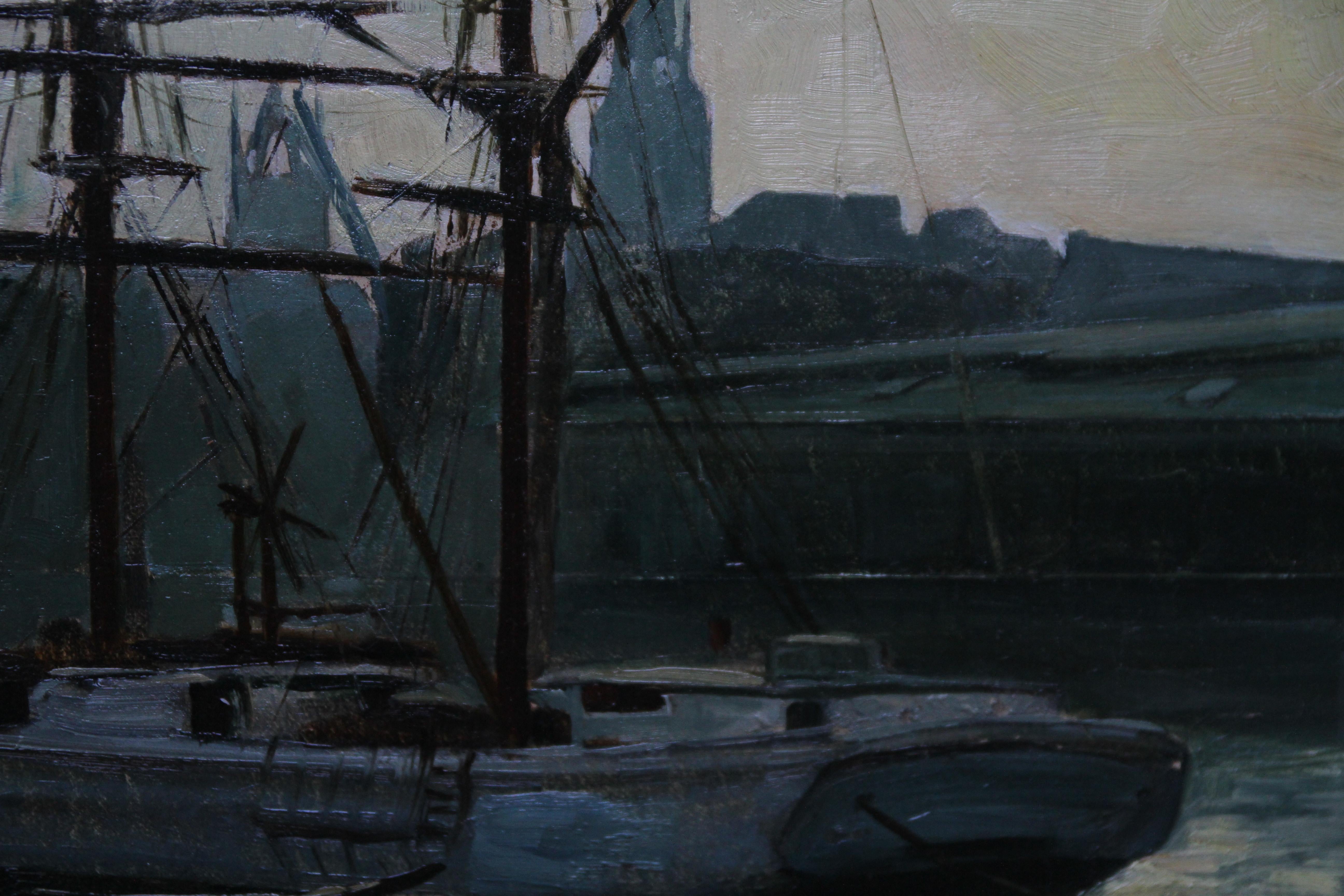 Der Hafen von Newcastle Upon Tyne – Ölgemälde der britischen Meereskunst von 1914 im Angebot 3