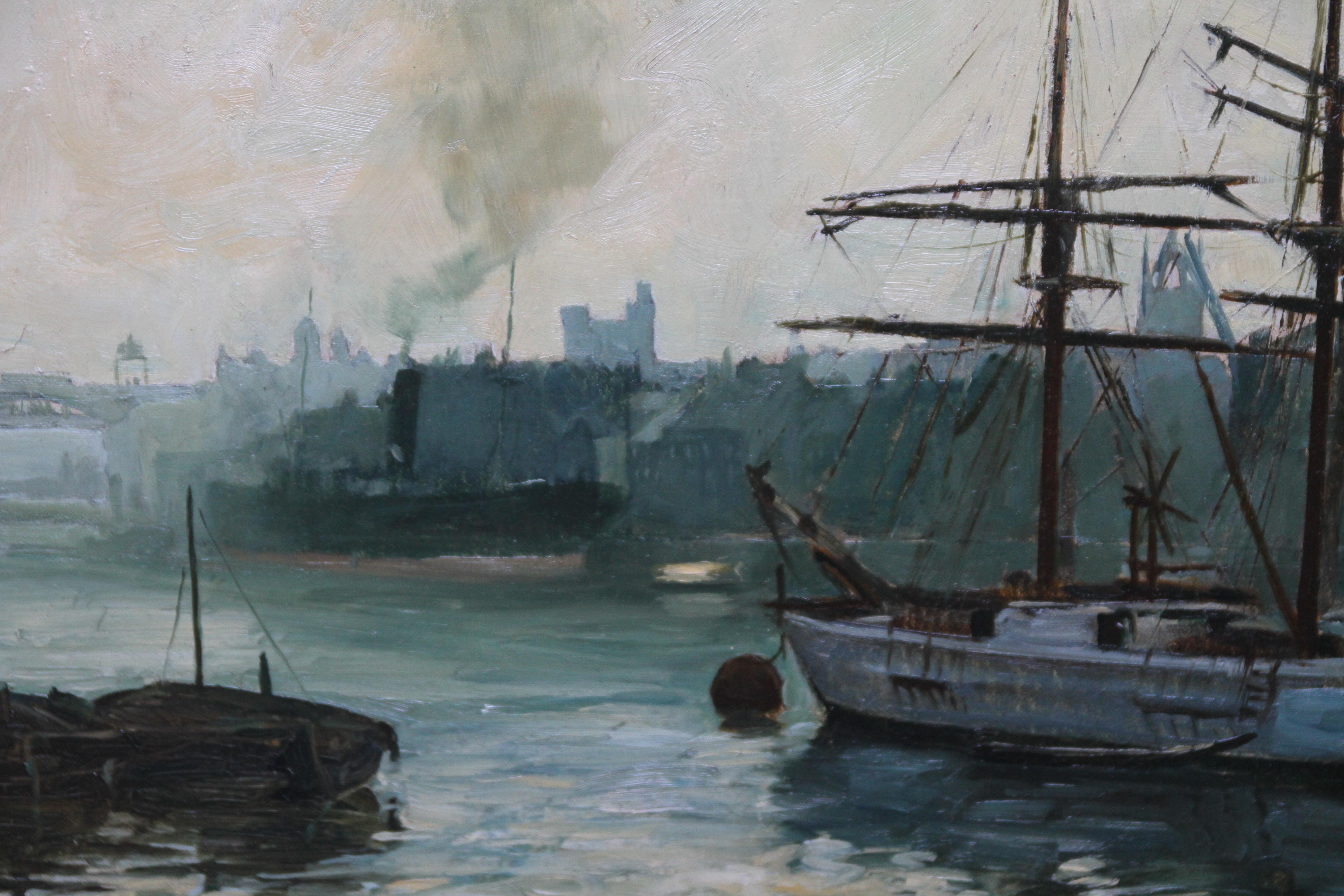 The Port of Newcastle Upon Tyne - British 1914 marine art oil painting For Sale 4