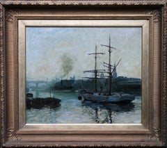 Antique The Port of Newcastle Upon Tyne - British 1914 marine art oil painting