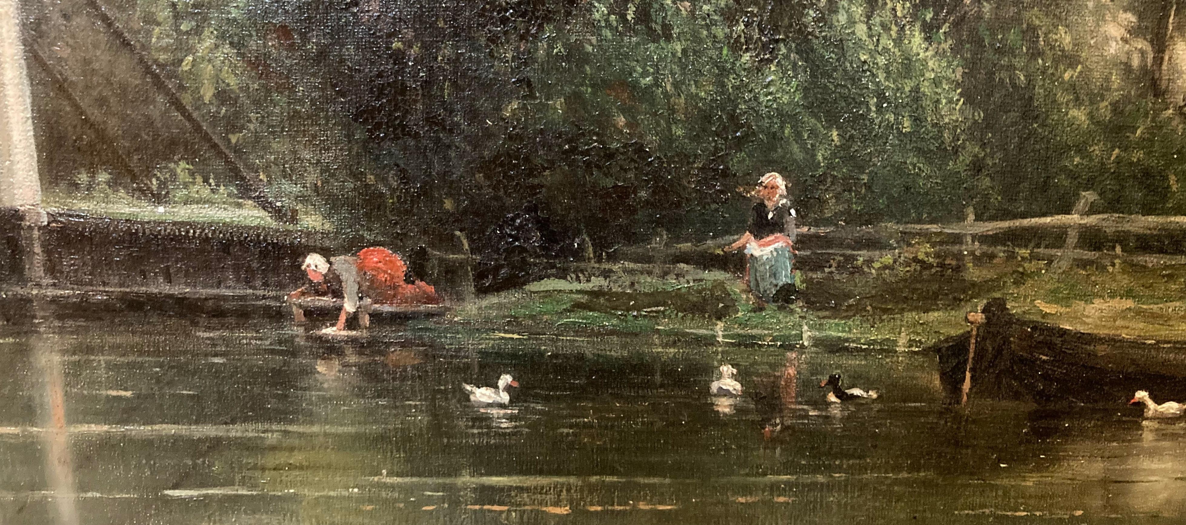 Wash Day (Grand paysage européen raffiné, 1872, superbe détail, huile sur carton) en vente 5
