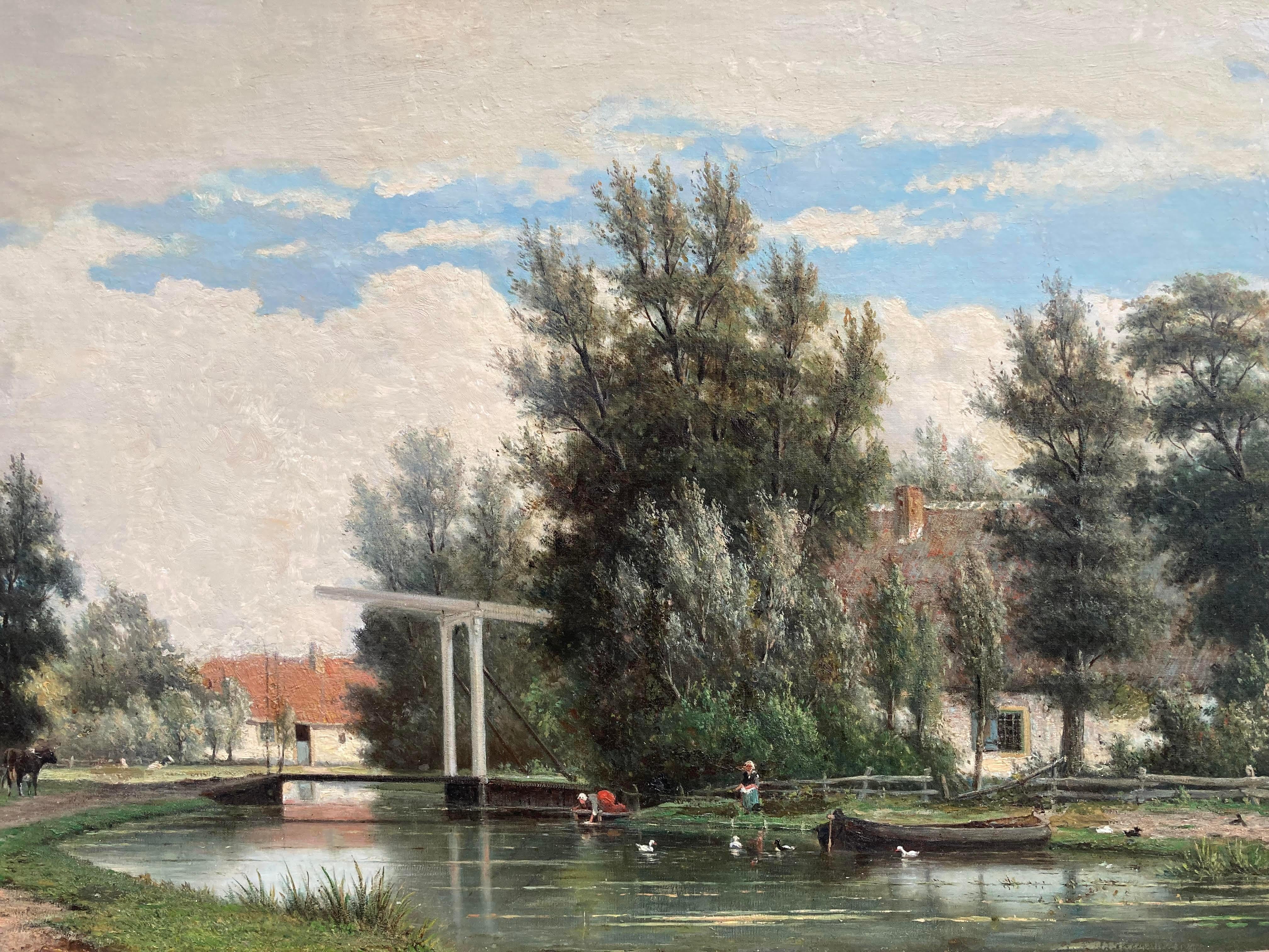 Wash Day (Grand paysage européen raffiné, 1872, superbe détail, huile sur carton) - Marron Landscape Painting par Joseph Heppener