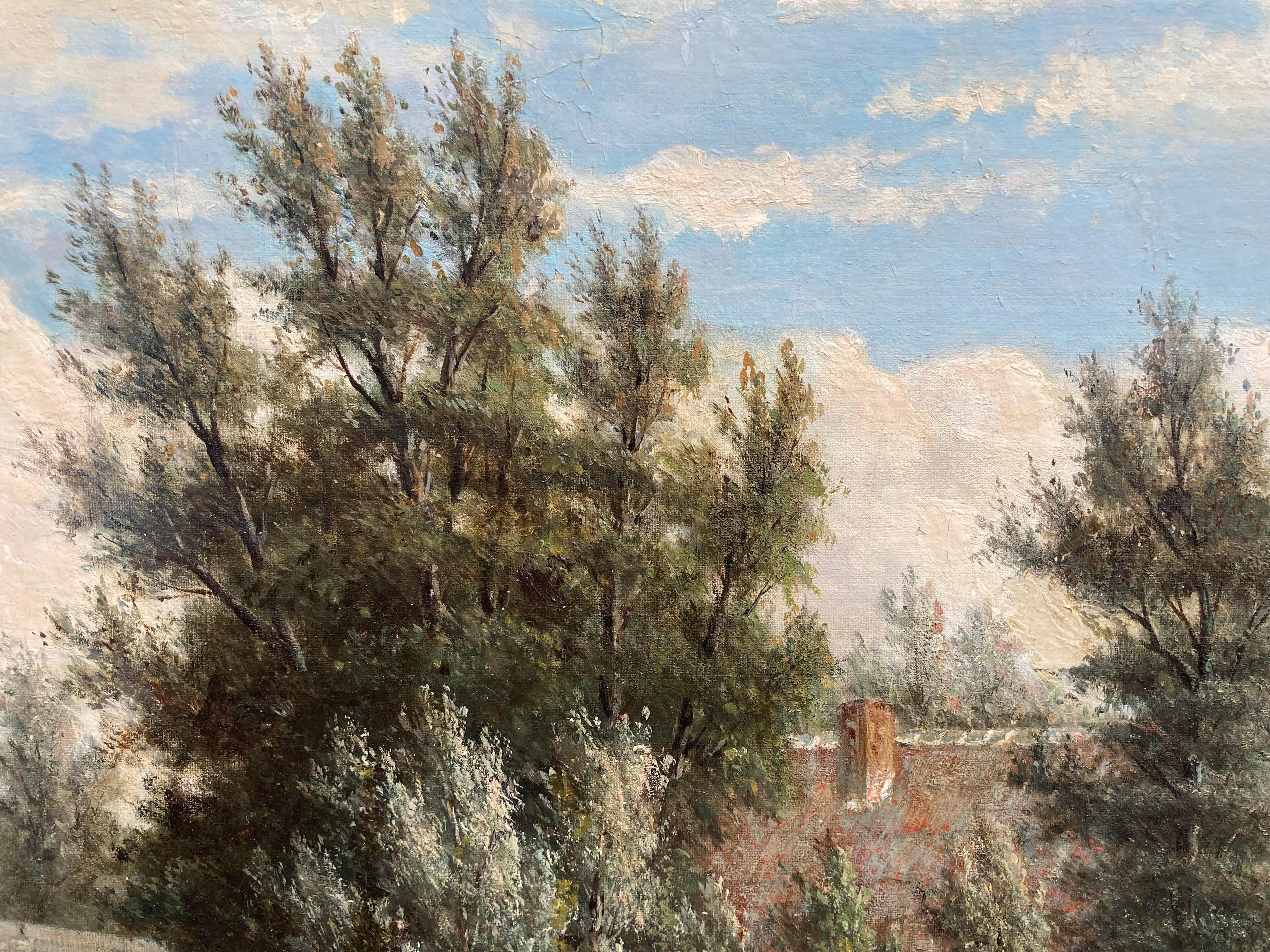 Wash Day (Grand paysage européen raffiné, 1872, superbe détail, huile sur carton) en vente 1