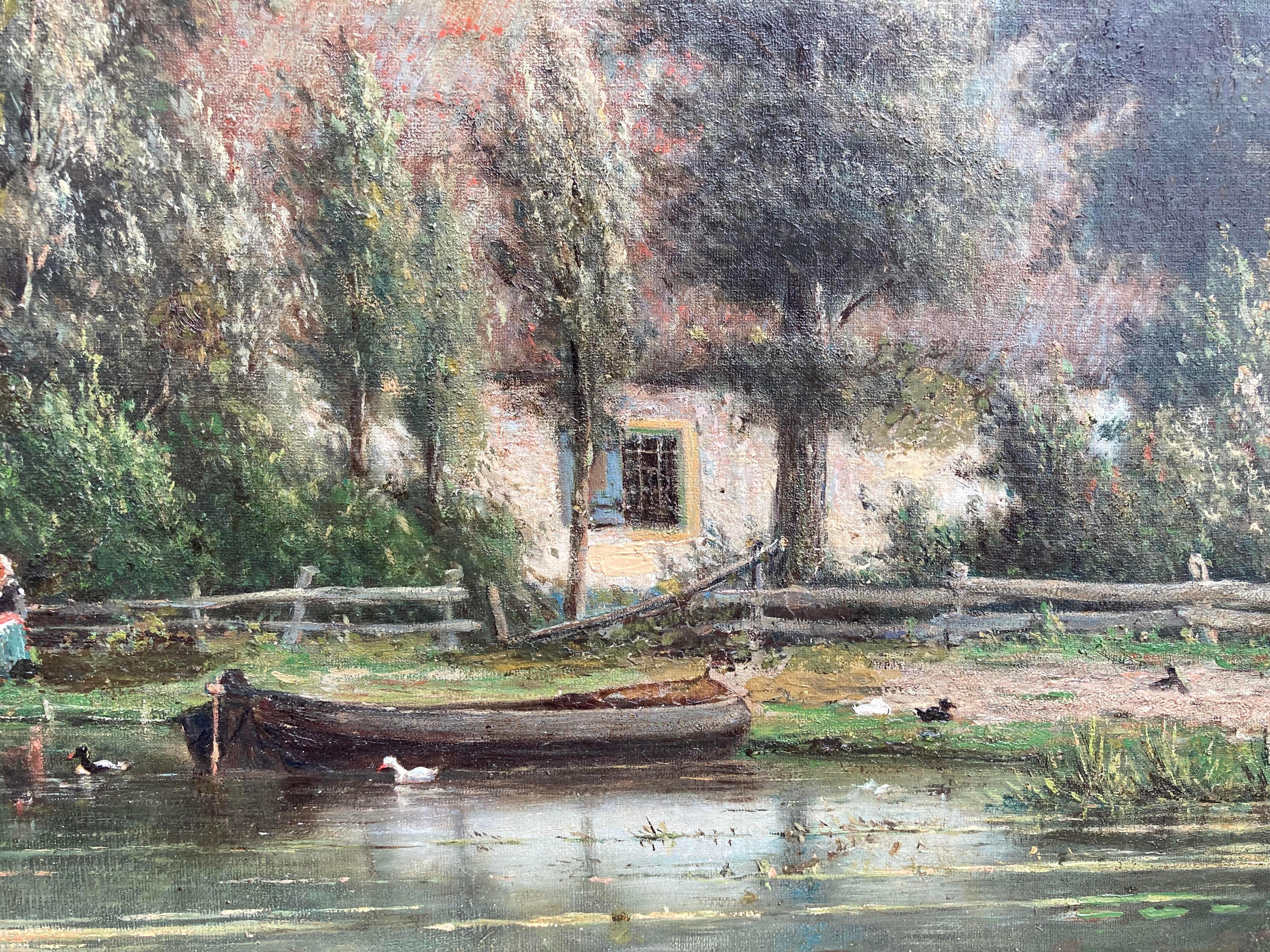 Wash Day (Grand paysage européen raffiné, 1872, superbe détail, huile sur carton) en vente 2