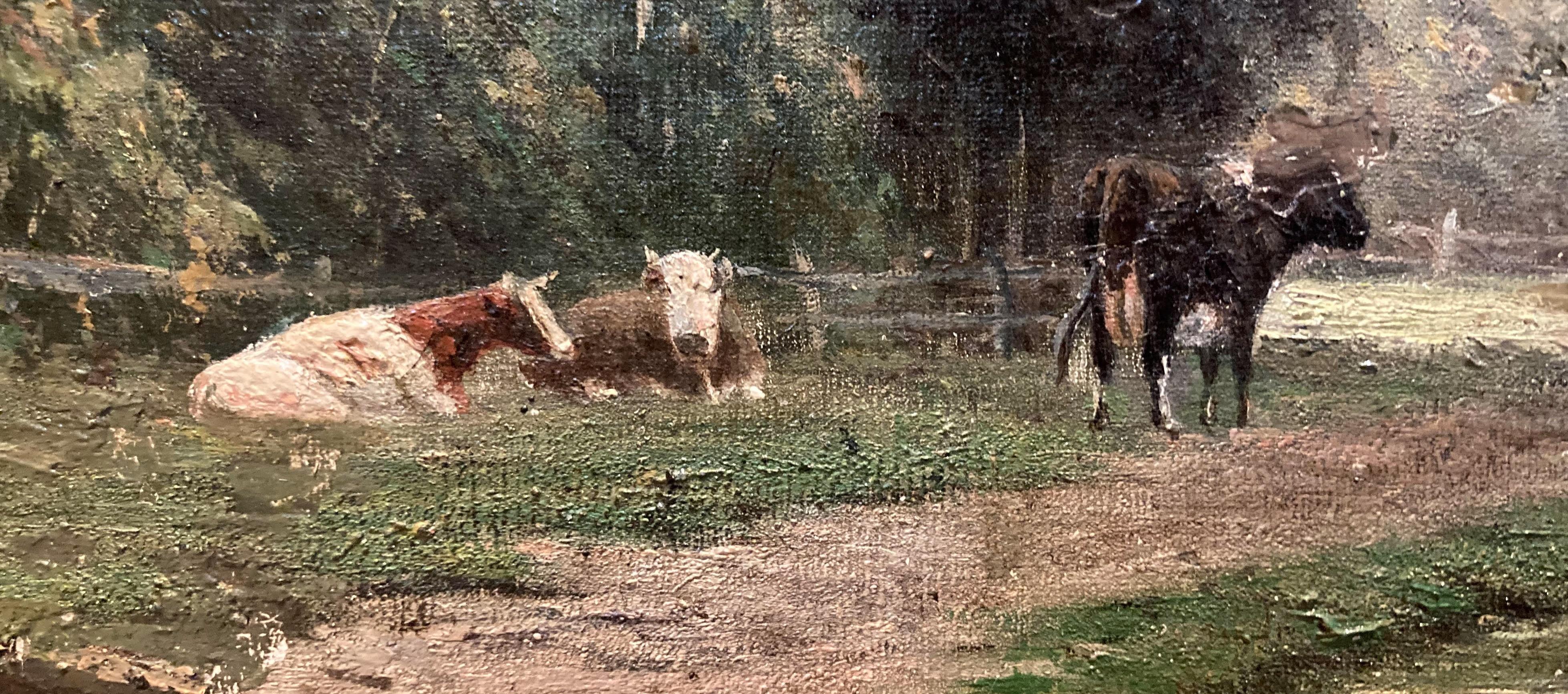Wash Day (Grand paysage européen raffiné, 1872, superbe détail, huile sur carton) en vente 4