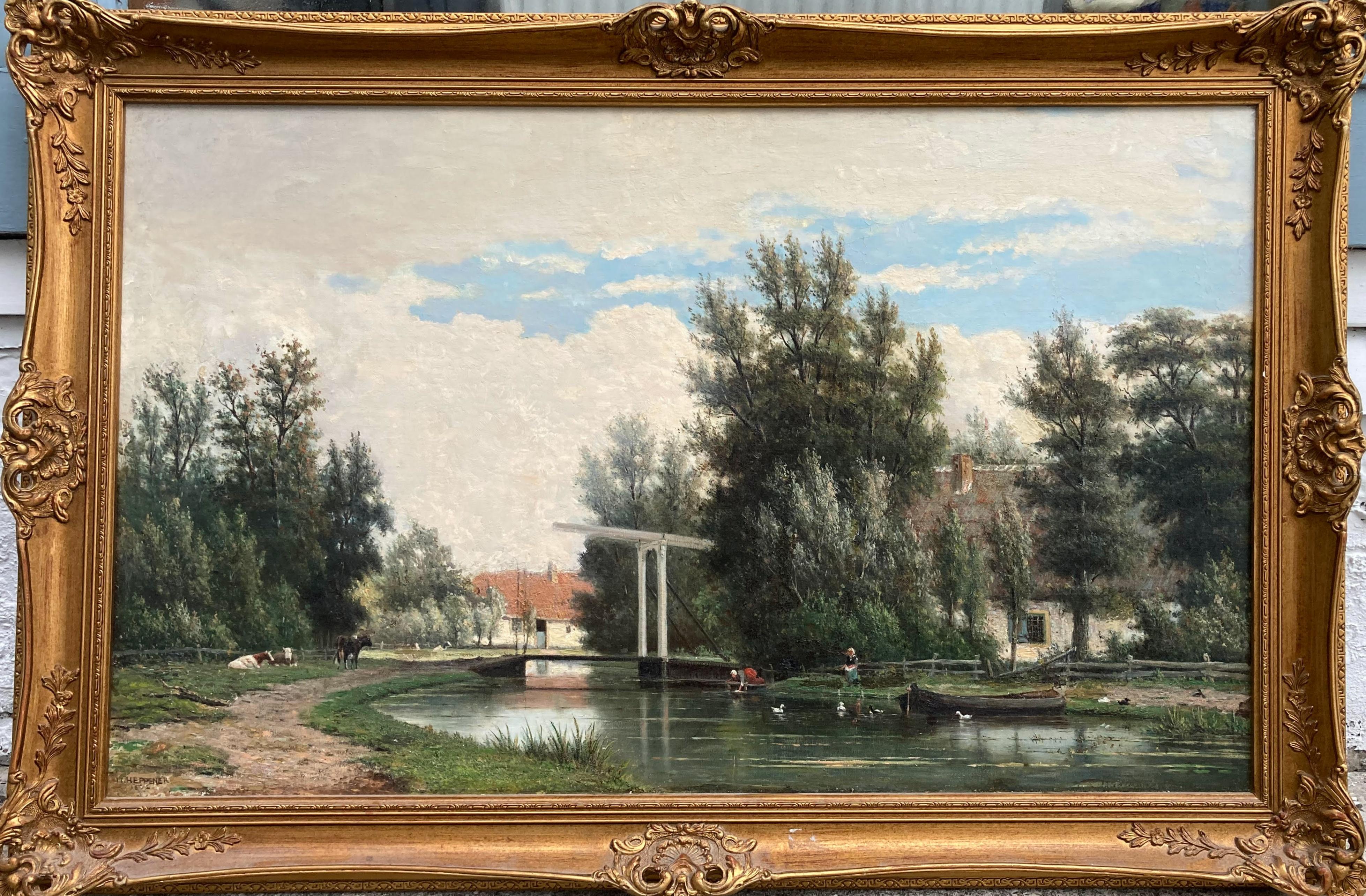 Wash Day (grande e raffinato paesaggio europeo, 1872, dettaglio superbo, olio su tavola)
