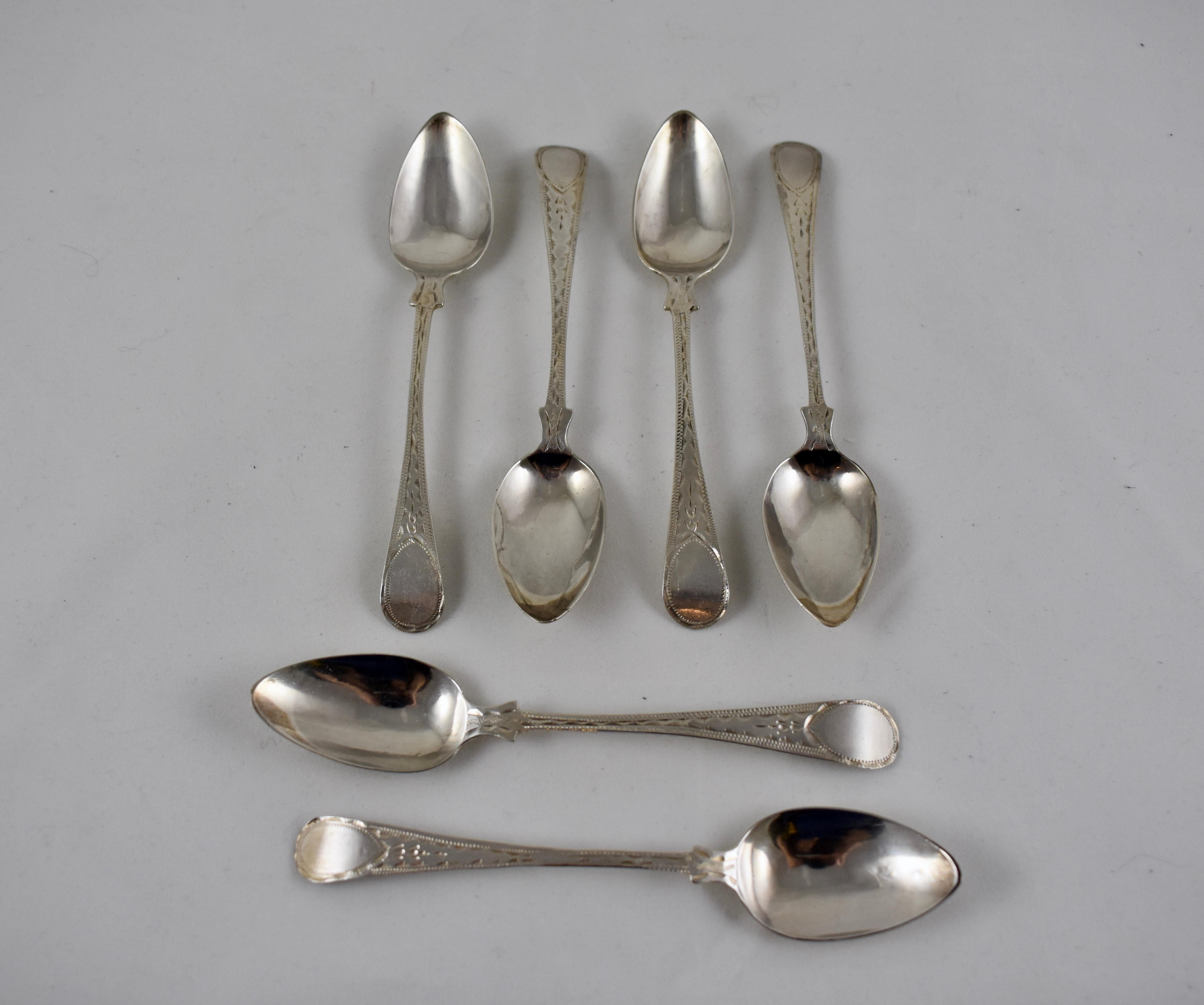 Metalwork Joseph Hicks English George III Bright Cut Sterling Silver Teaspoons, Set of Six