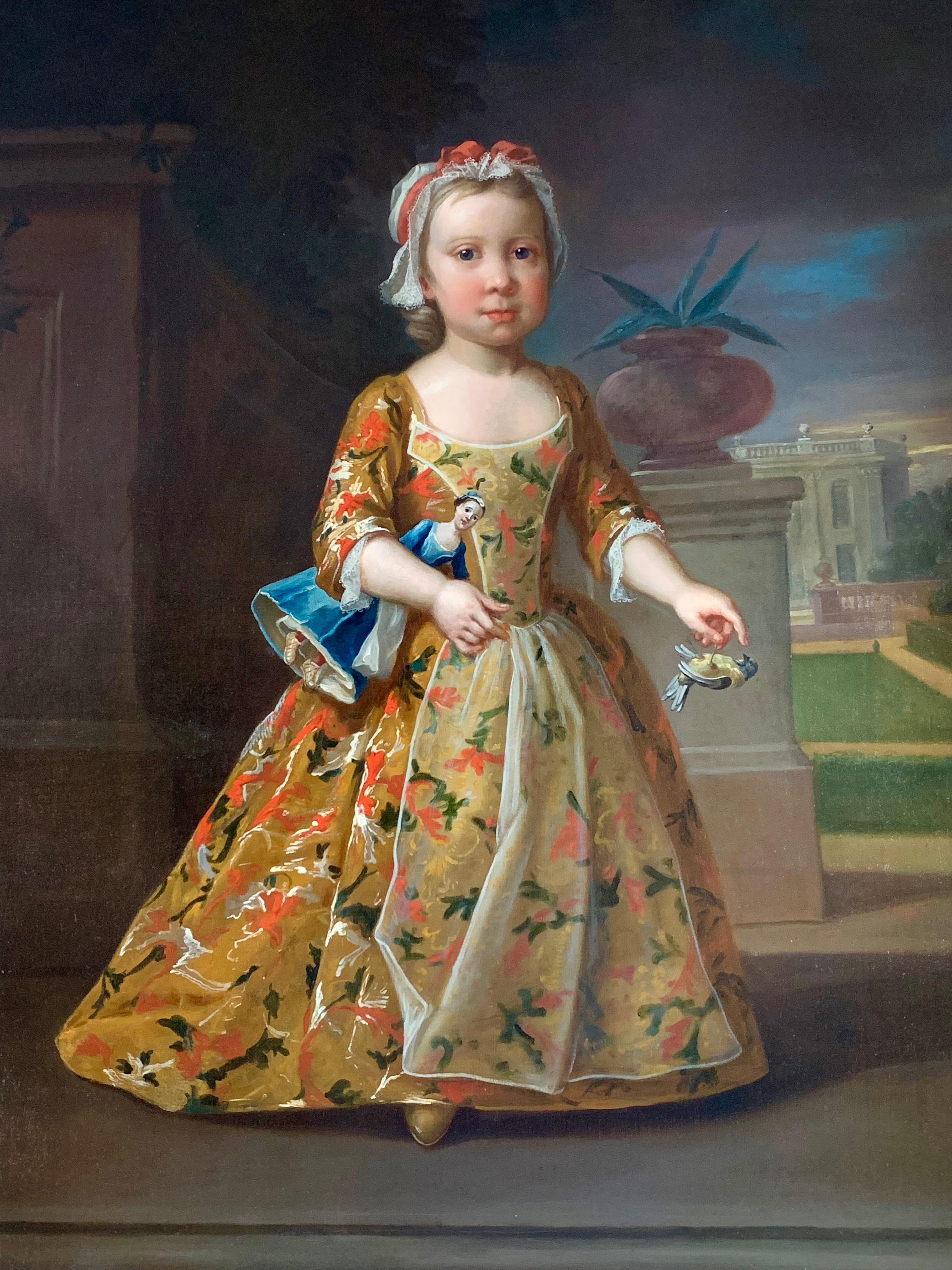 18th Century English Portrait of a Girl and Doll  (circle of J. Highmore) - Brown Interior Painting by Joseph Highmore