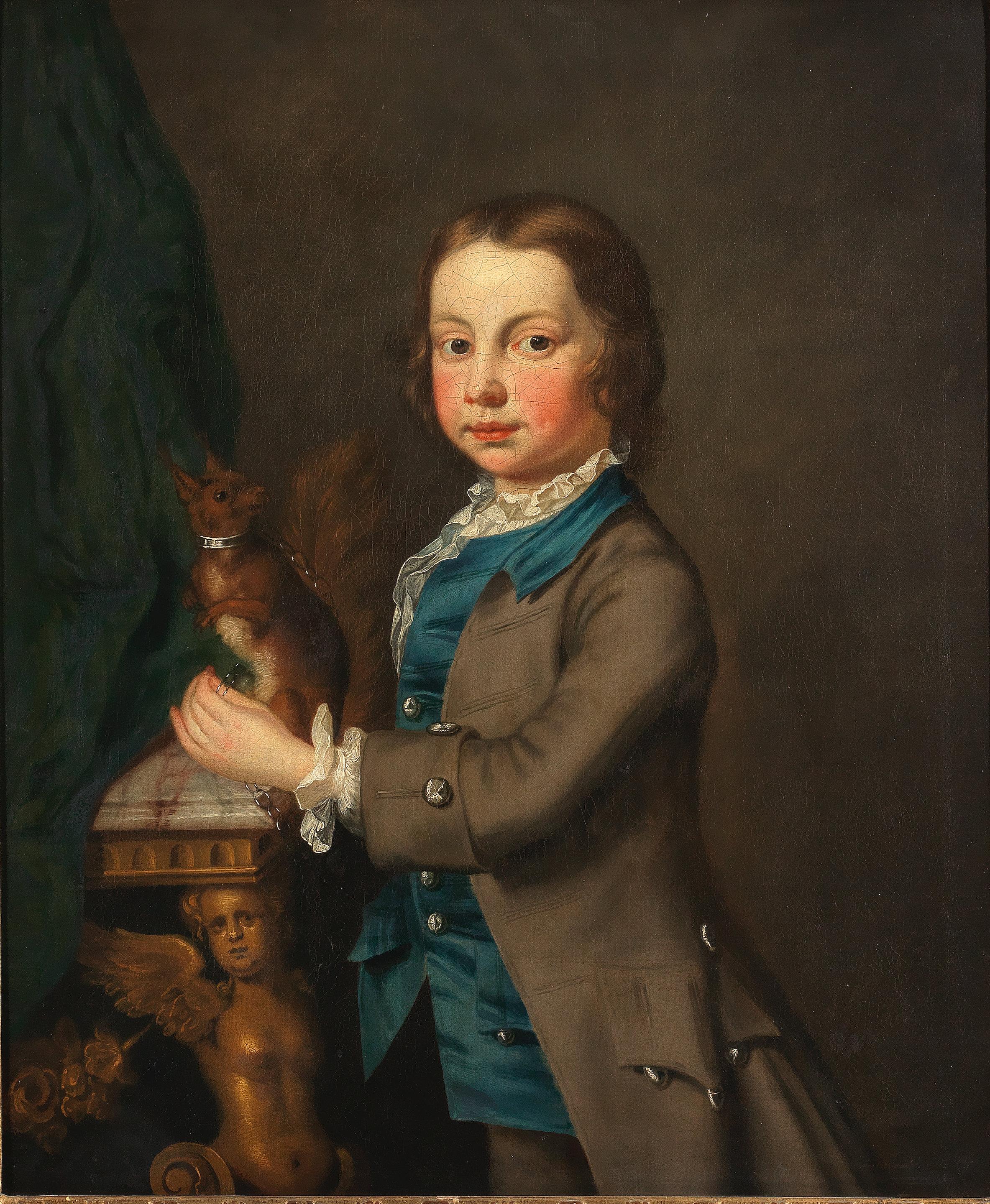 Portrait of a young boy holding his pet squirrel - Painting by Joseph Highmore