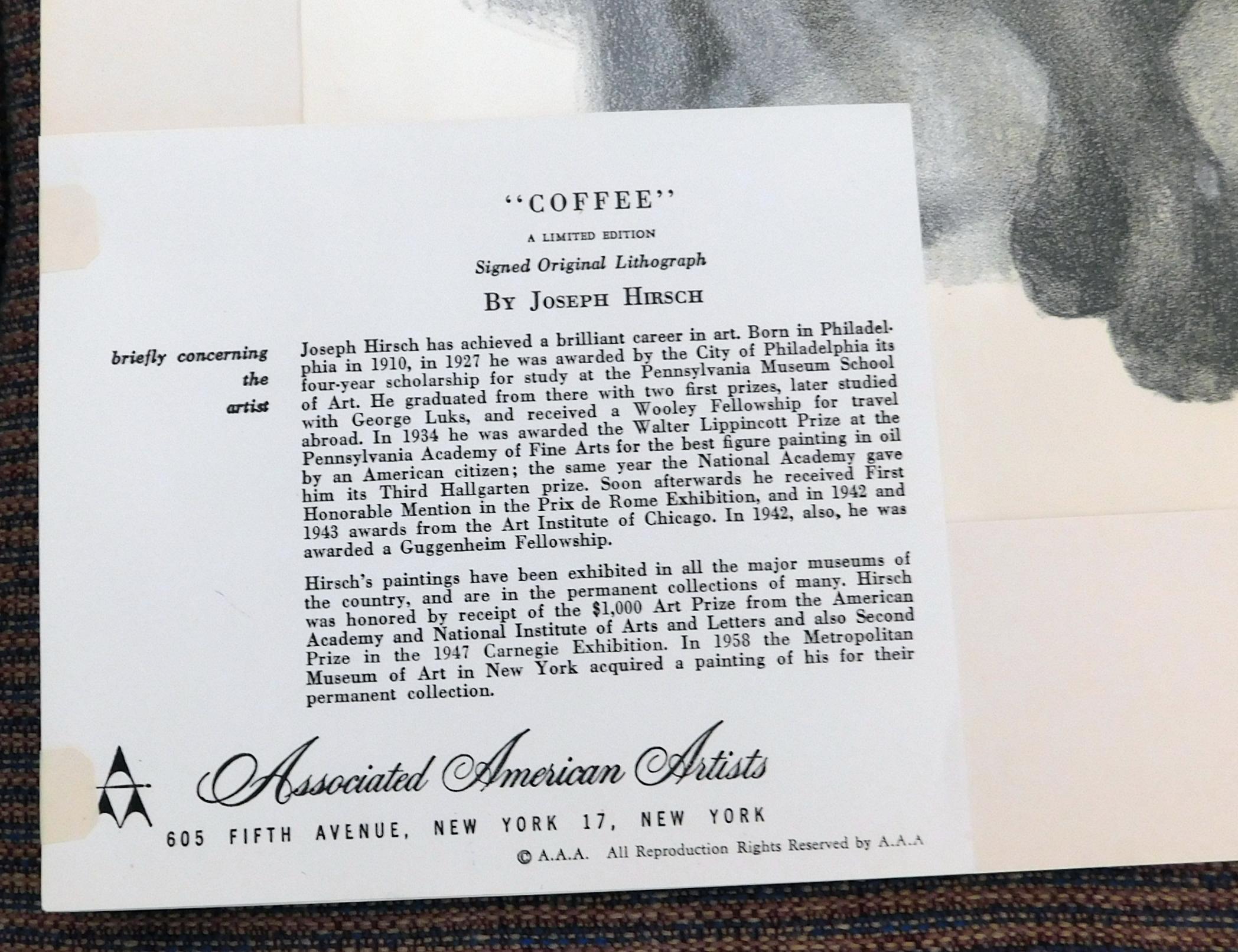 Joseph Hirsch Original Lithographie, Bleistift signiert, 1961, „Kaffee““ im Zustand „Hervorragend“ im Angebot in Phoenix, AZ