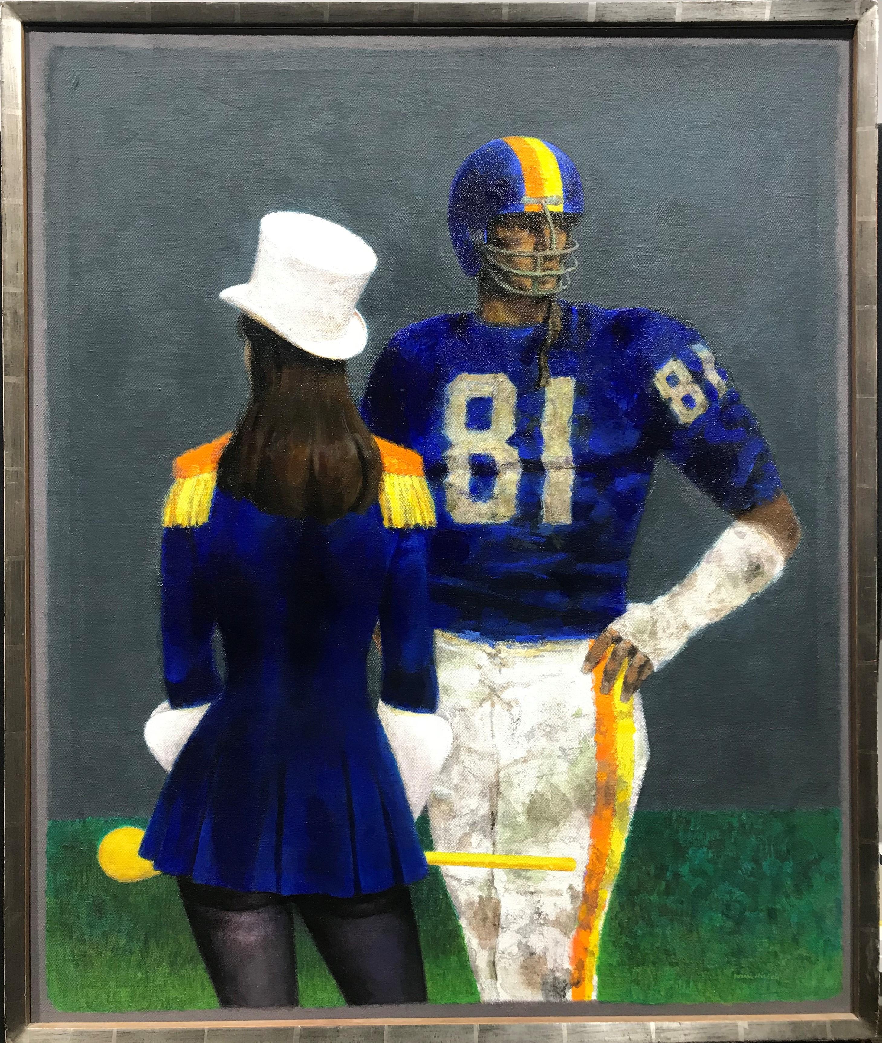 Couple in Blue, 1981, High School Football Player, Cheerleader - Painting by Joseph Hirsch