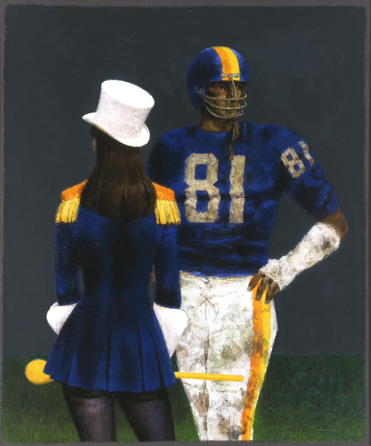 Joseph Hirsch Figurative Painting - Couple in Blue, 1981, High School Football Player, Cheerleader