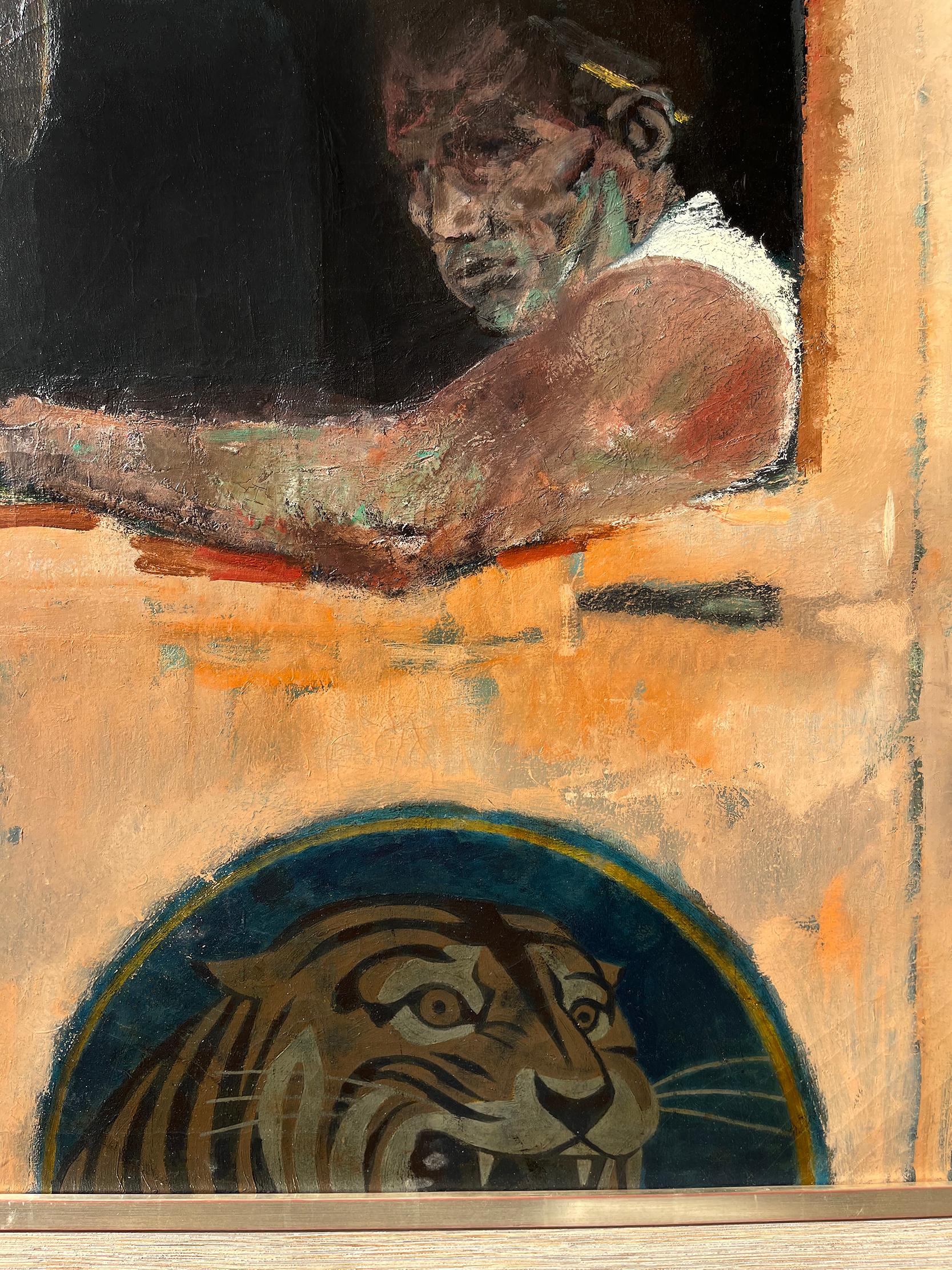 Blue Collar Gritty Truck Driver with Tiger - Color field meets Social Realism  - Painting by Joseph Hirsch