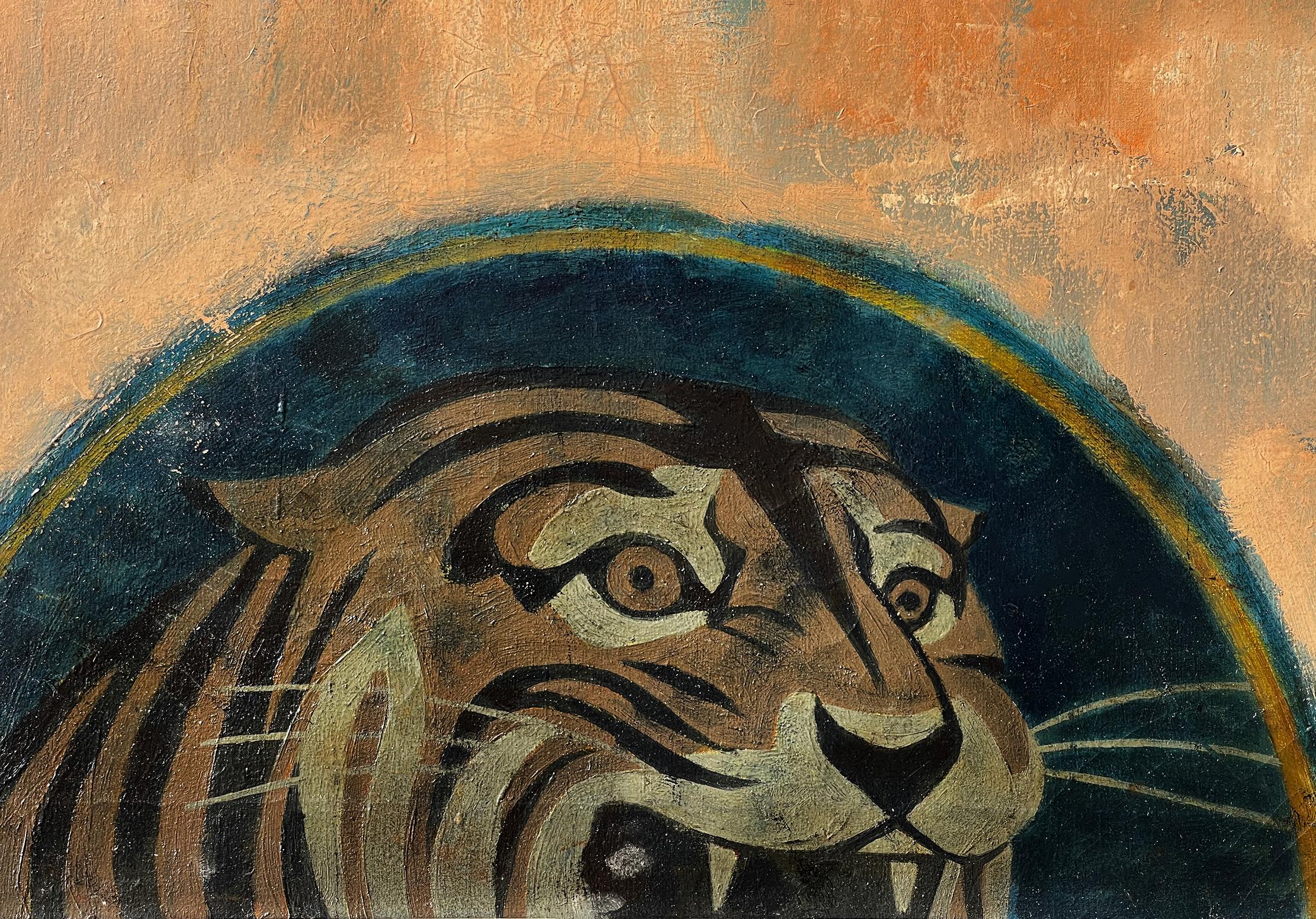 Collier bleu « Gritty Truck Driver with Tiger » (driver de camion avec un tigre - champ de couleurs rencontre le réalisme social)  - Colorfield Painting par Joseph Hirsch