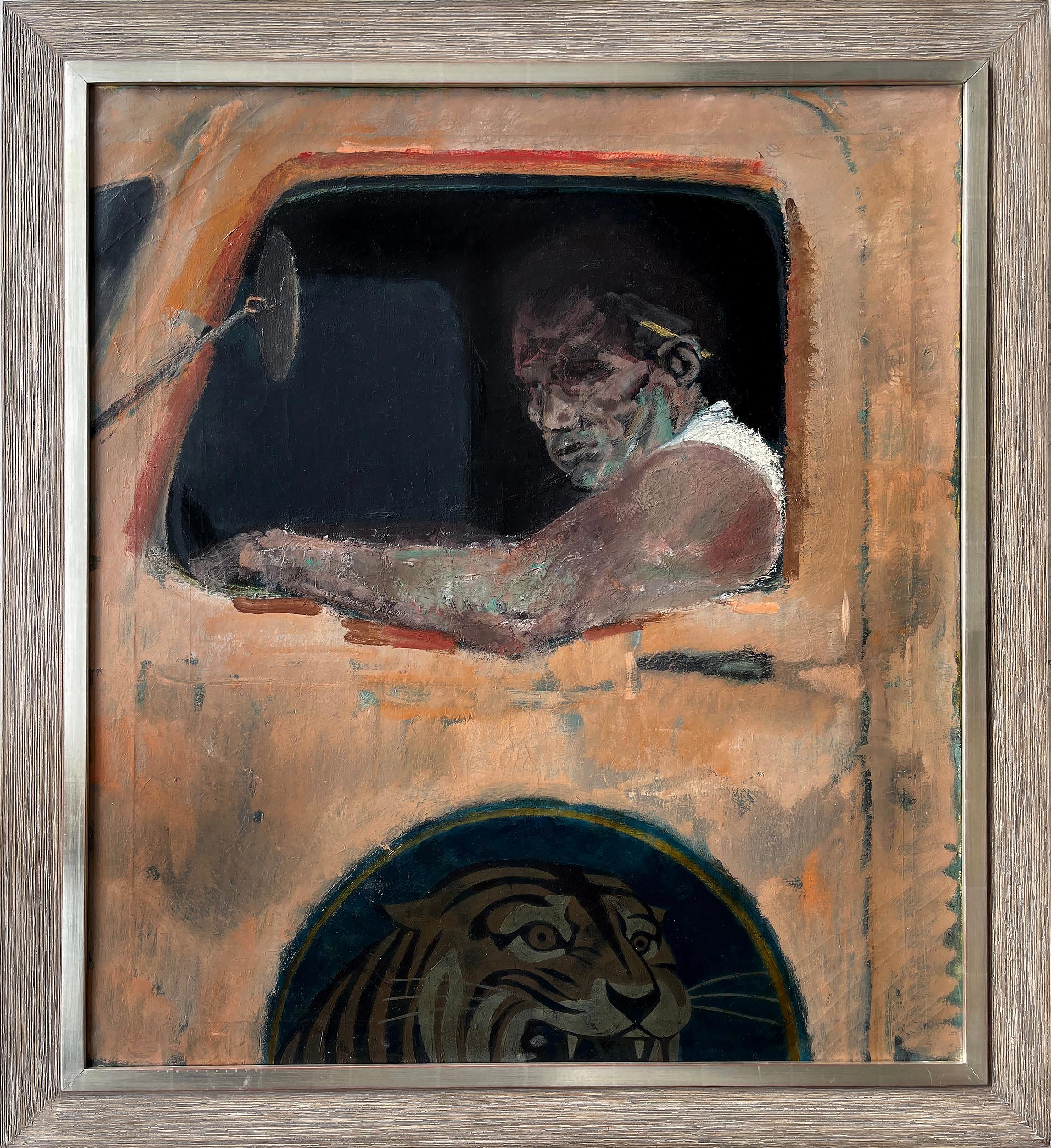 Blue Collar Gritty Truck Driver with Tiger - Color field meets Social Realism  - Color-Field Painting by Joseph Hirsch