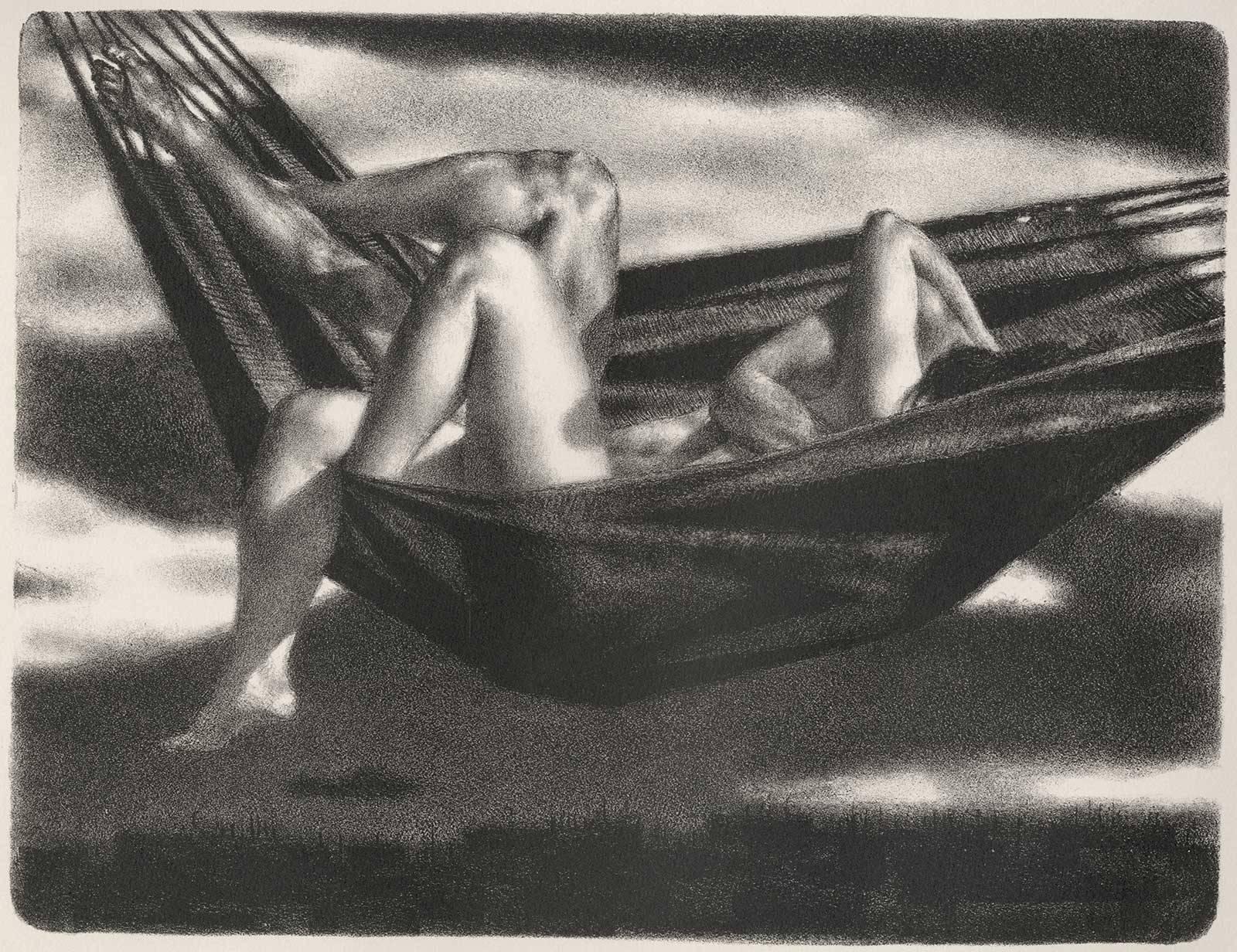 Joseph Hirsch Nude Print - Hammock (A nude couple frolics in a hammock on a lazy summer day)