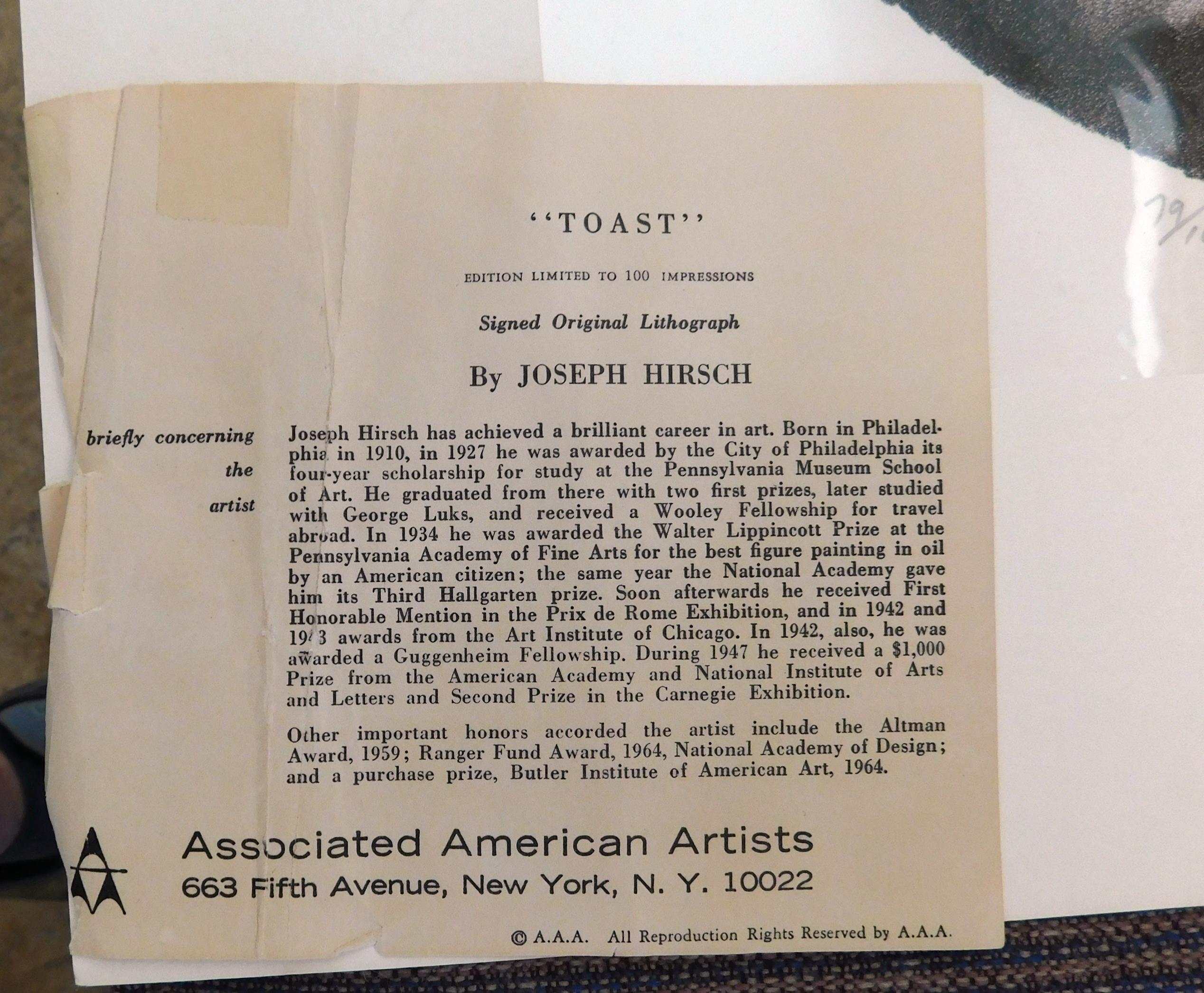 Joseph Hirsch Original Lithograph Signed in Pencil - The Toast For Sale 3