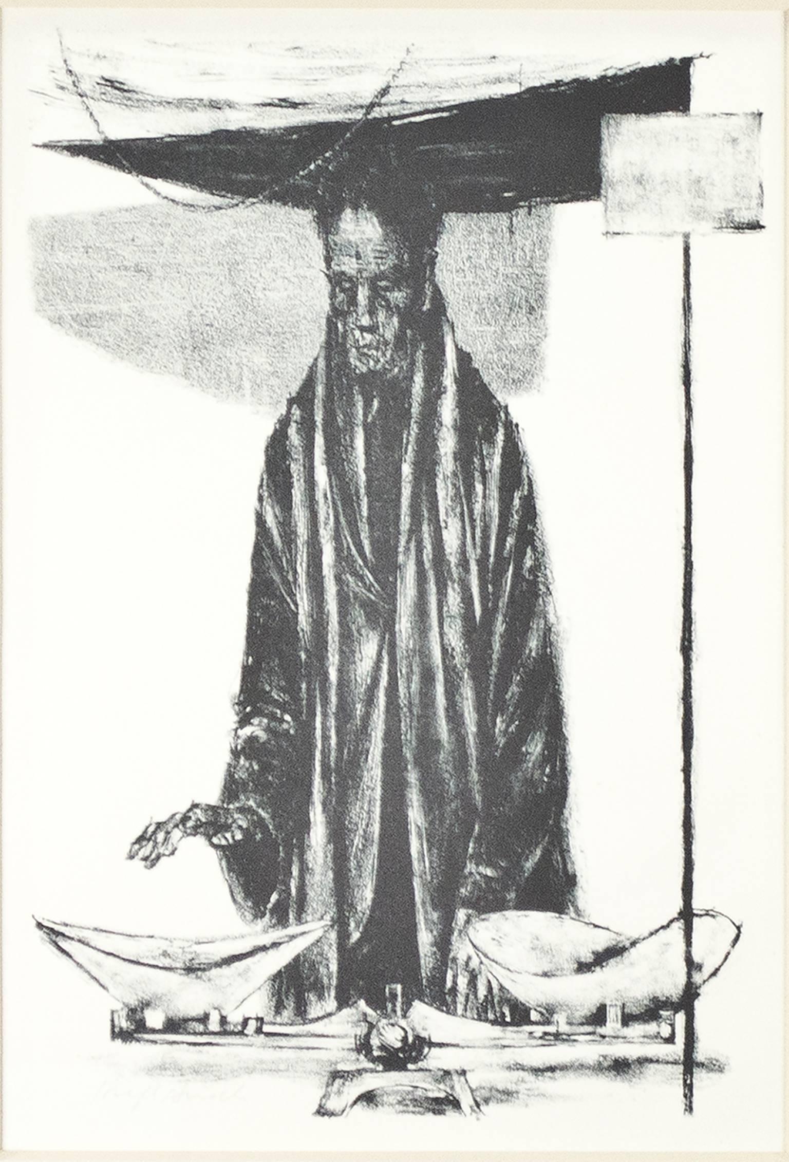 "Mann mit Waage" ist eine Original-Lithographie von Joseph Hirsch. Der Künstler signierte das Werk mit Bleistift unten links. Diese Arbeit zeigt einen Mann in einem schwarzen Gewand, der das Gleichgewicht der Waage prüft. 

12" x 8 1/4" Platte
15" x