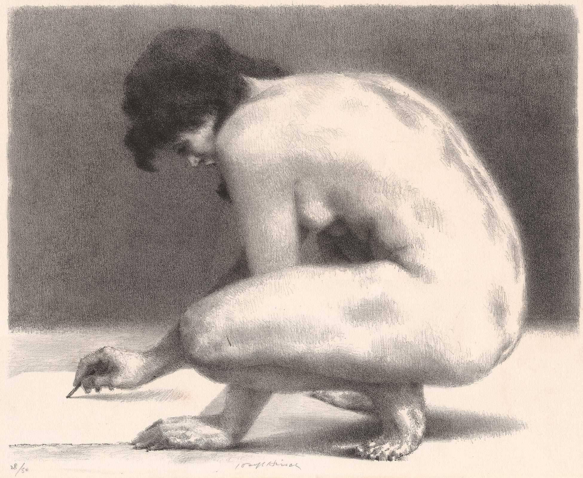 Joseph Hirsch Nude Print - Nude drawing (Nude on her haunches draws )