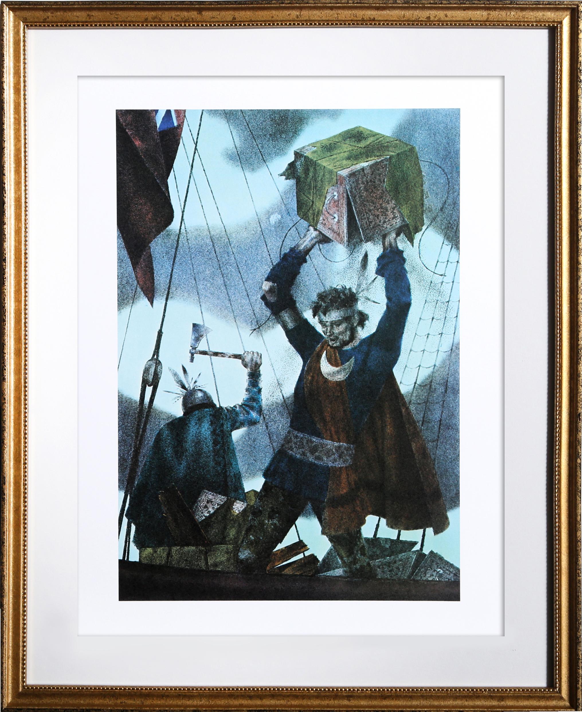 Il Tea Party di Boston di Joseph Hirsch, americano (1901-1981)
Data: 1975
Litografia offset (non firmata come emessa)
Dimensioni: 17 x 14 pollici (43,18 x 35,56 cm)
Dimensioni della cornice: 20 x 17 pollici

Stampa originale d'arte tratta dal