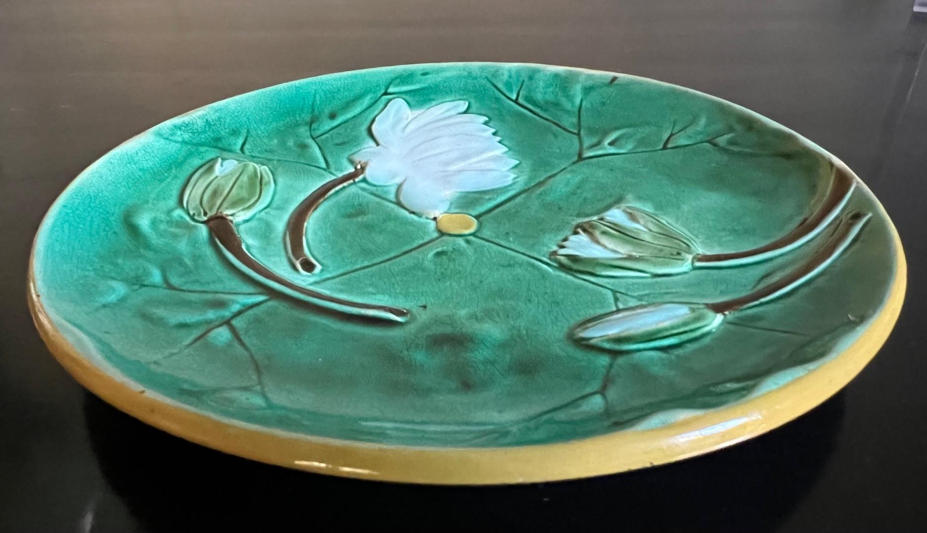 19th Century Joseph Holdcraft Majolica Pond Lily Plate, C. 1885 For Sale