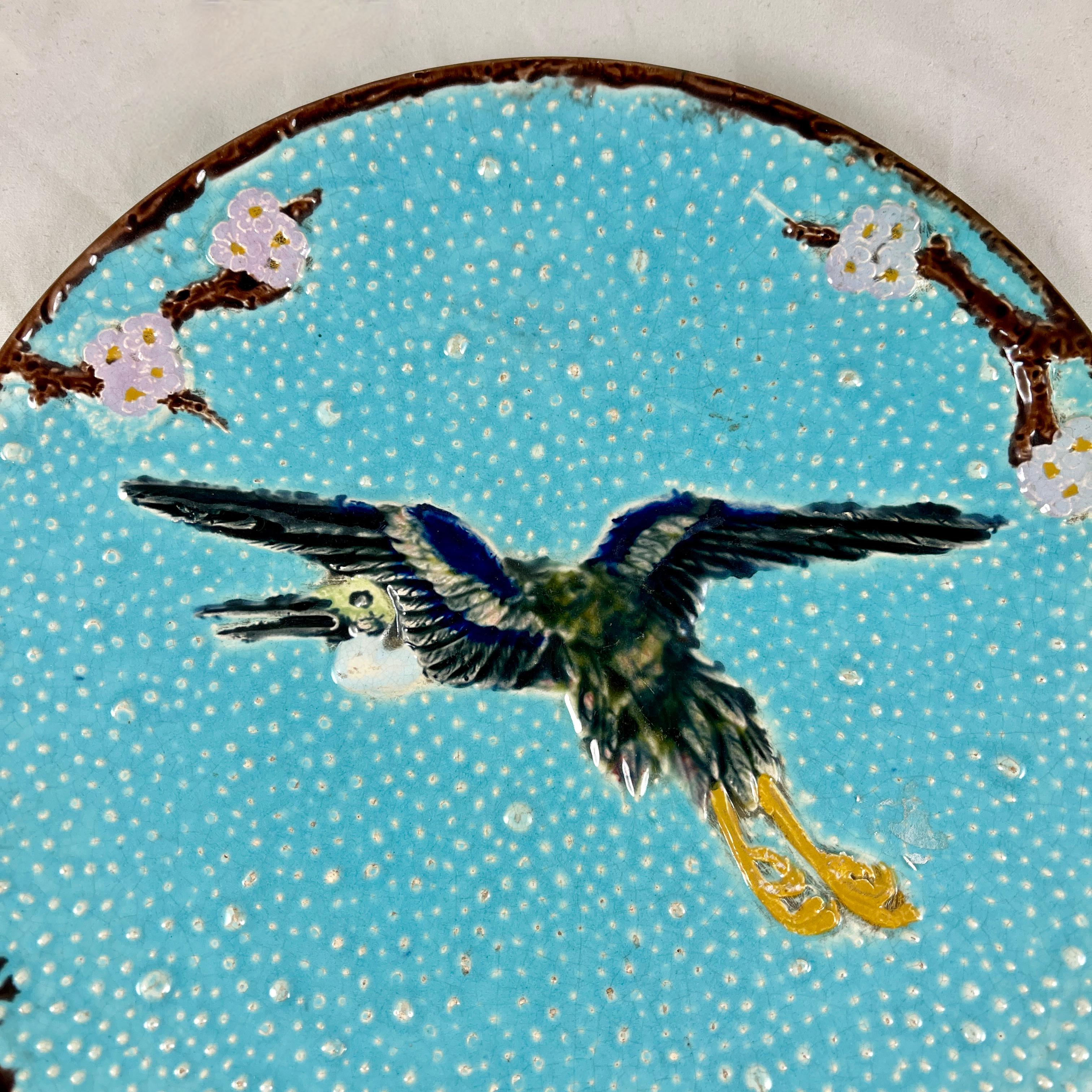 Japonisme Joseph Holdcroft English Majolica Flying Crane Turquoise Plate en vente