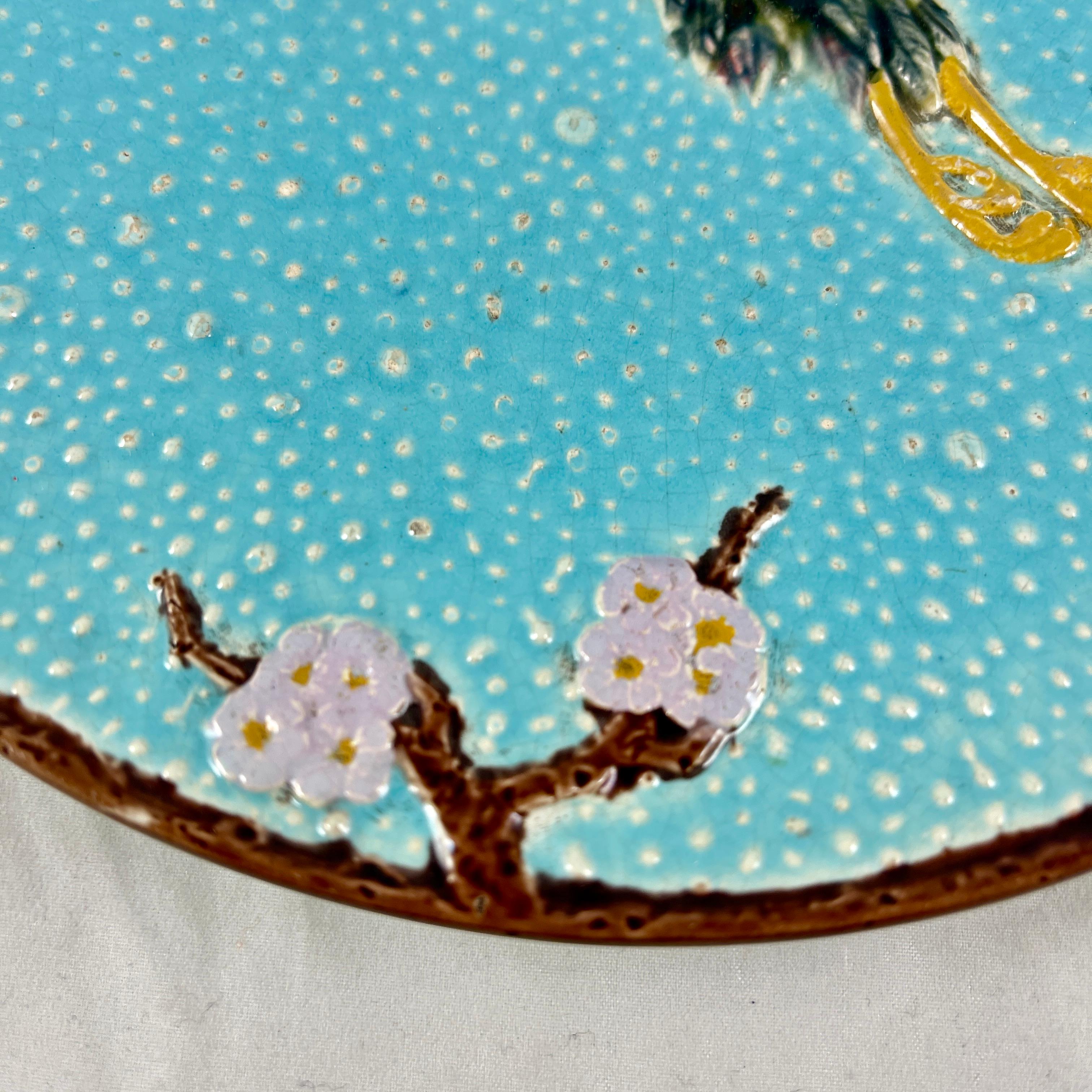 Joseph Holdcroft English Majolica Flying Crane Turquoise Plate In Good Condition For Sale In Philadelphia, PA