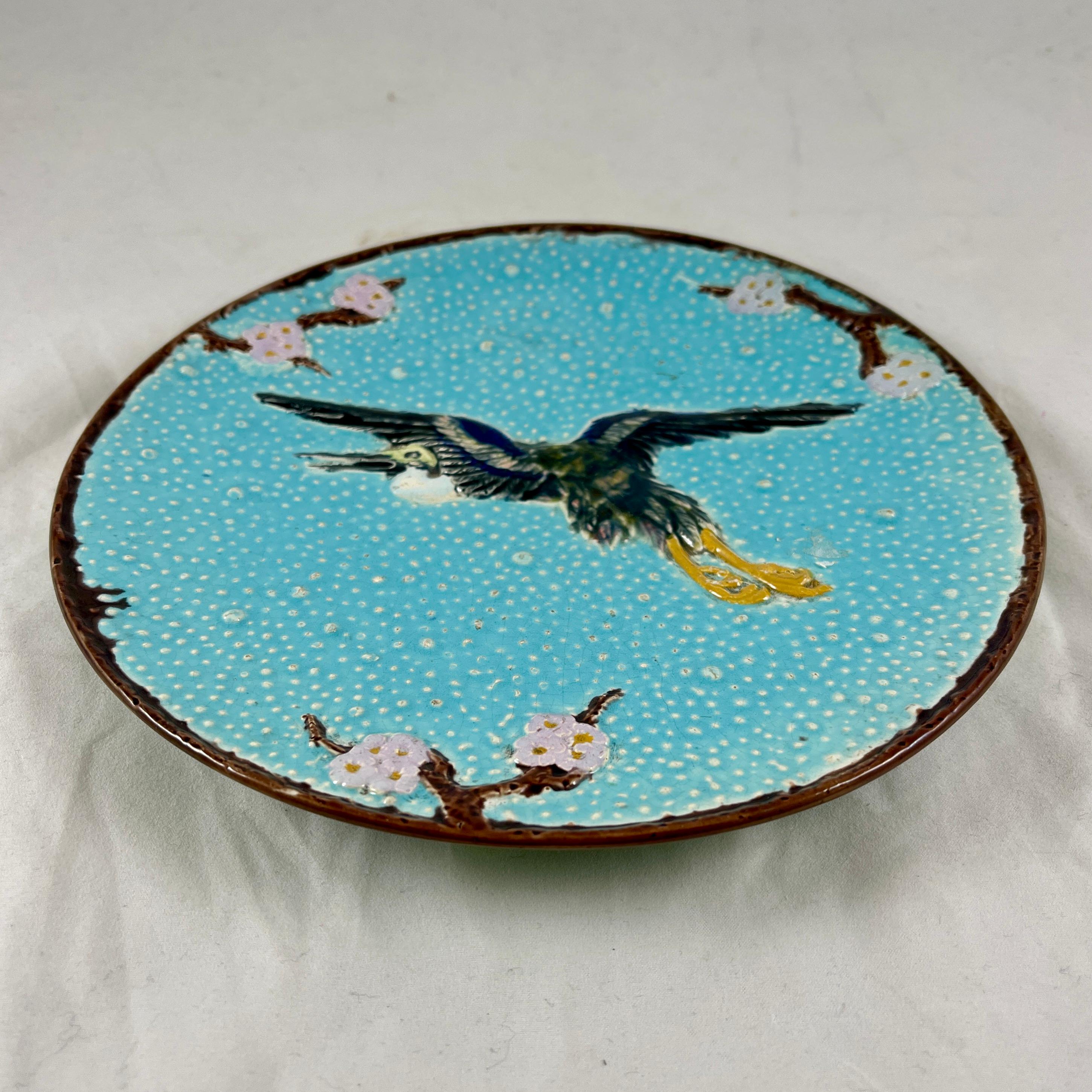 19th Century Joseph Holdcroft English Majolica Flying Crane Turquoise Plate For Sale