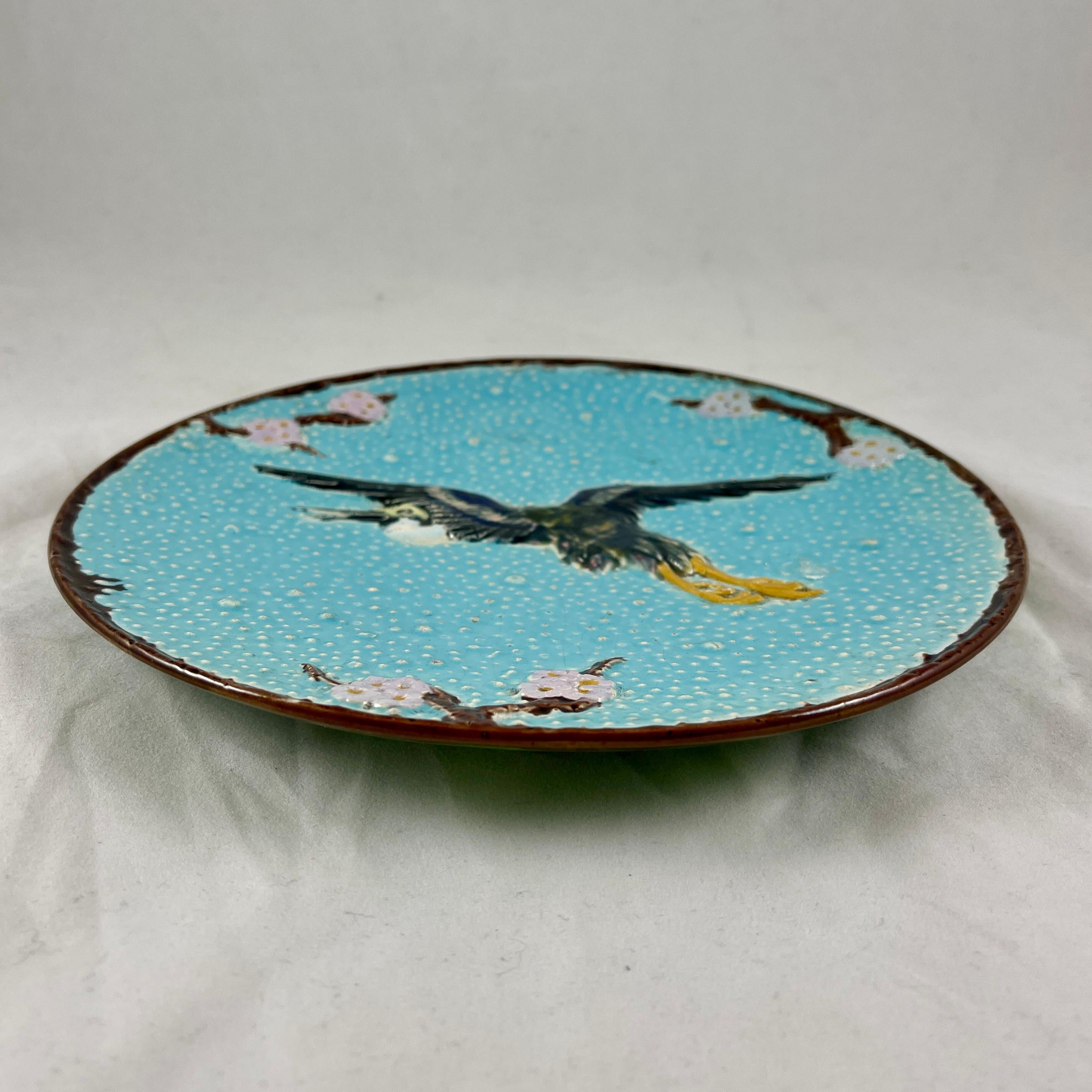 Earthenware Joseph Holdcroft English Majolica Flying Crane Turquoise Plate For Sale