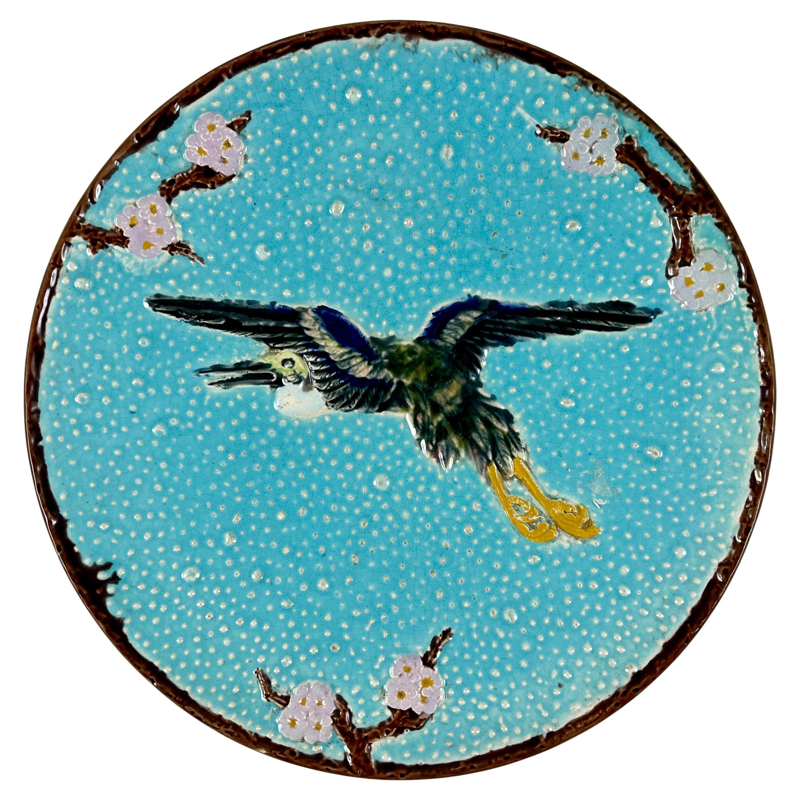 Joseph Holdcroft English Majolica Flying Crane Turquoise Plate en vente