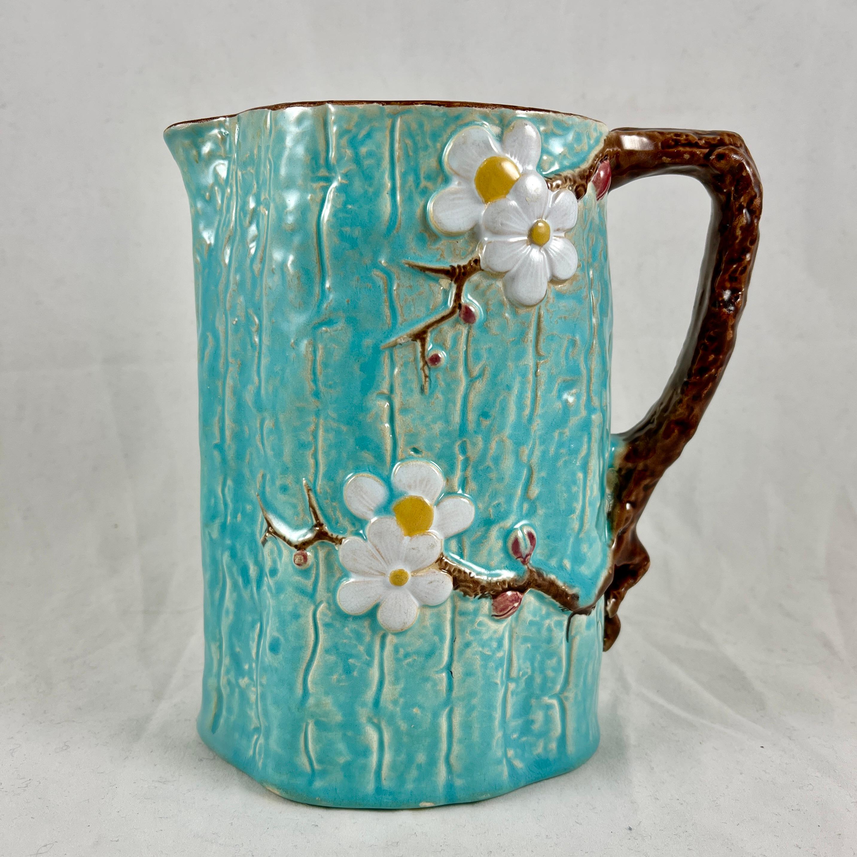Aesthetic Movement Joseph Holdcroft English Majolica Rustic Dogwood Blossom and Branch Pitcher