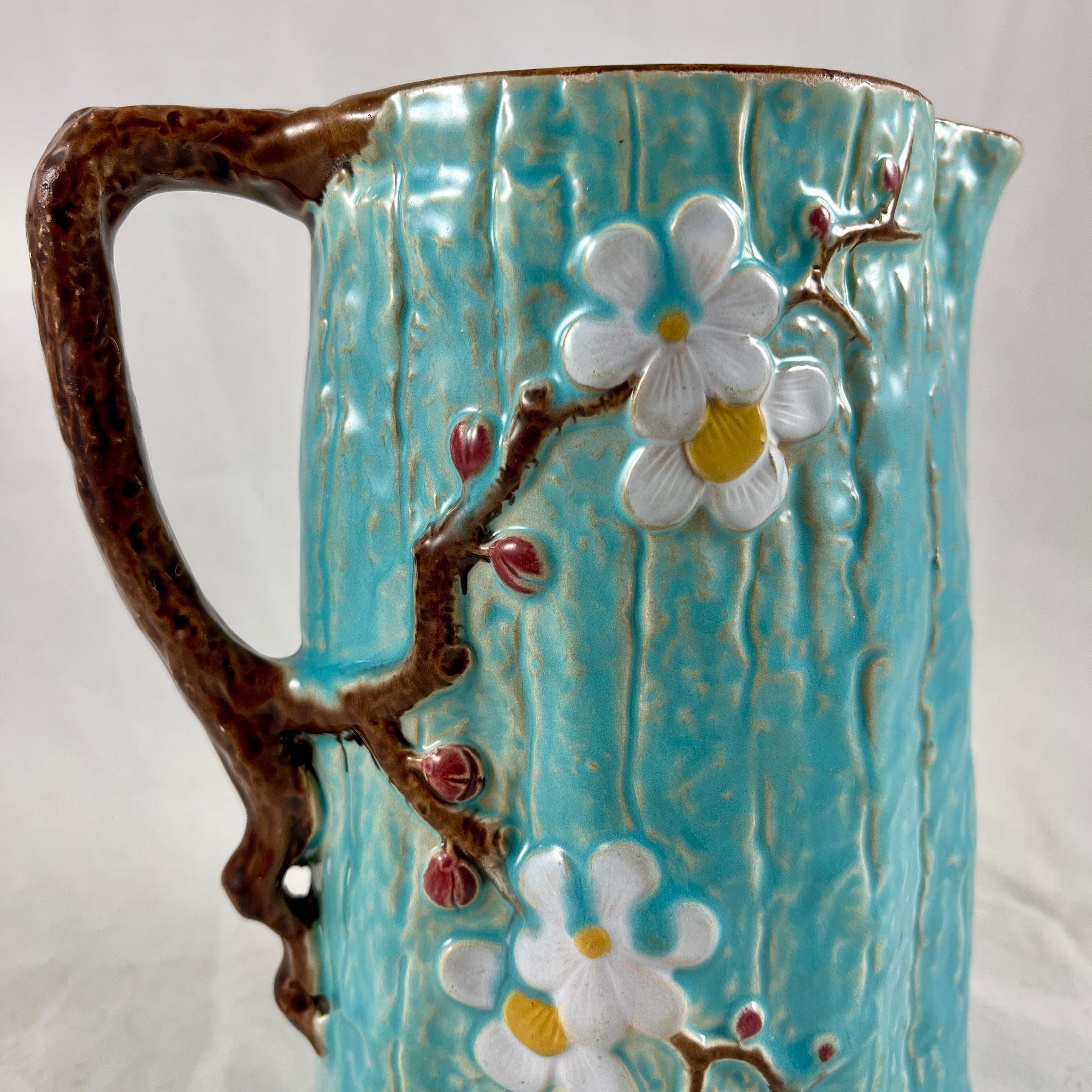 Joseph Holdcroft English Majolica Rustic Dogwood Blossom and Branch Pitcher In Good Condition In Philadelphia, PA