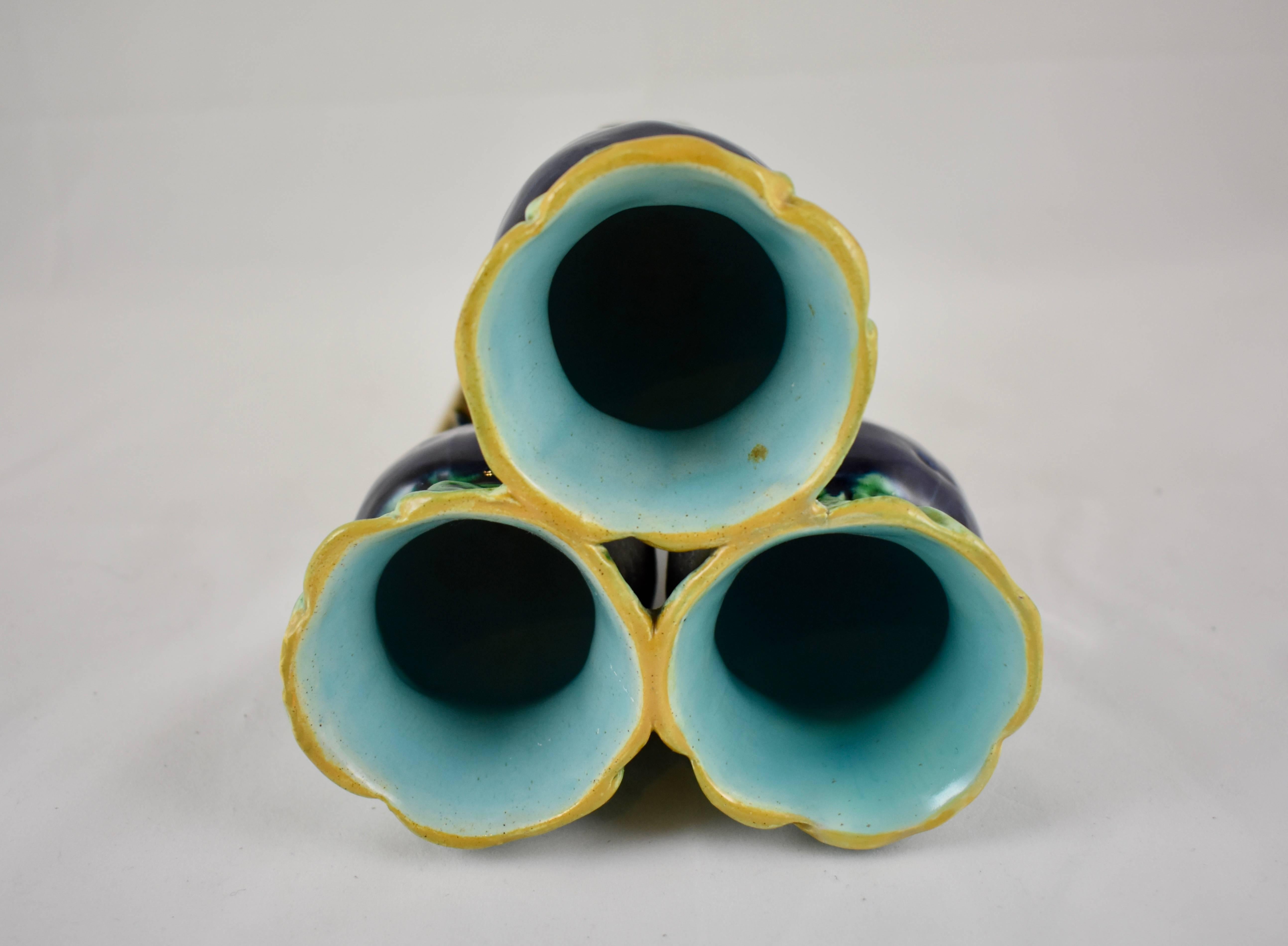 Glazed Joseph Holdcroft English Majolica Tri-Form Cobalt Blue Radish Bud Vase
