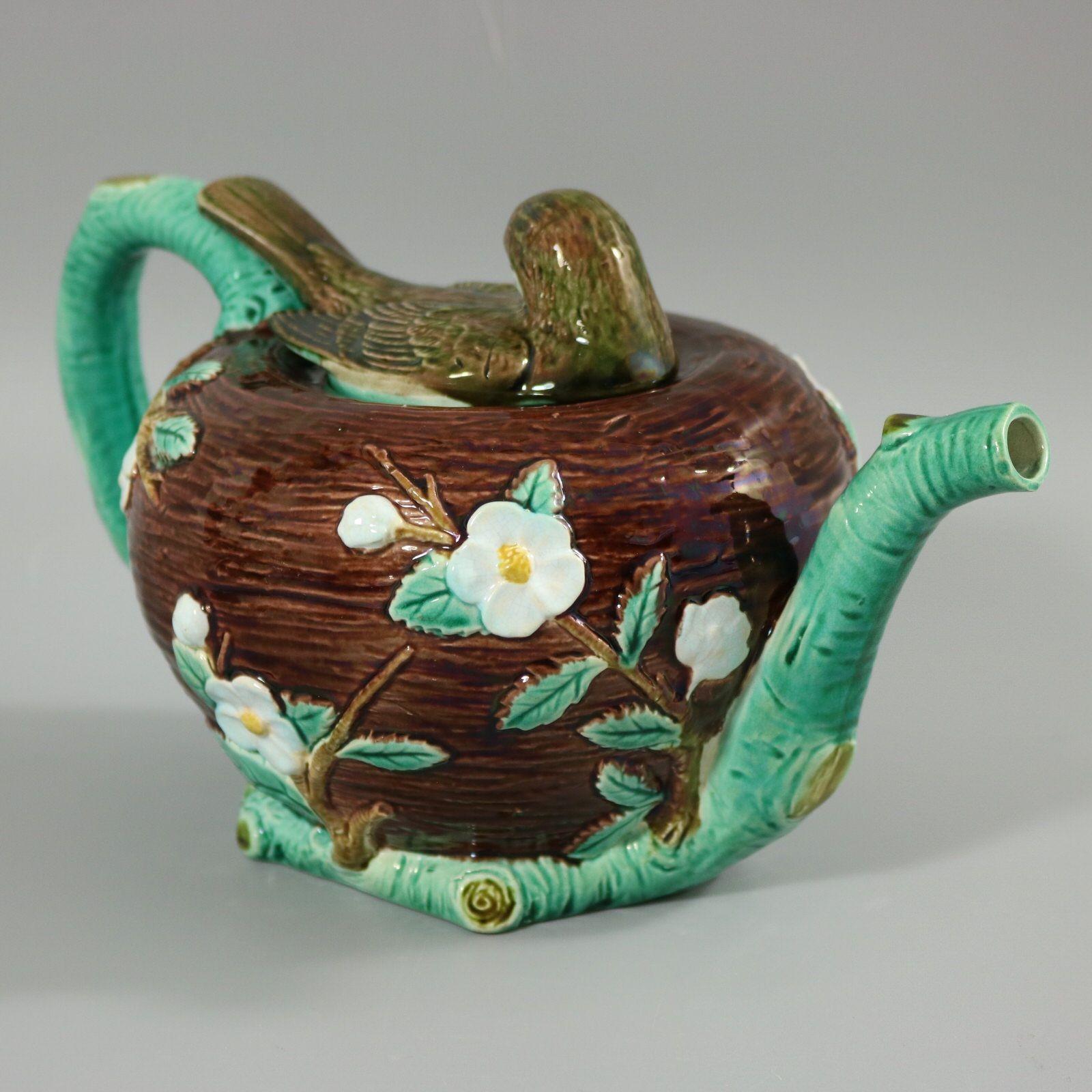 English Joseph Holdcroft Majolica Bird on Nest Teapot For Sale