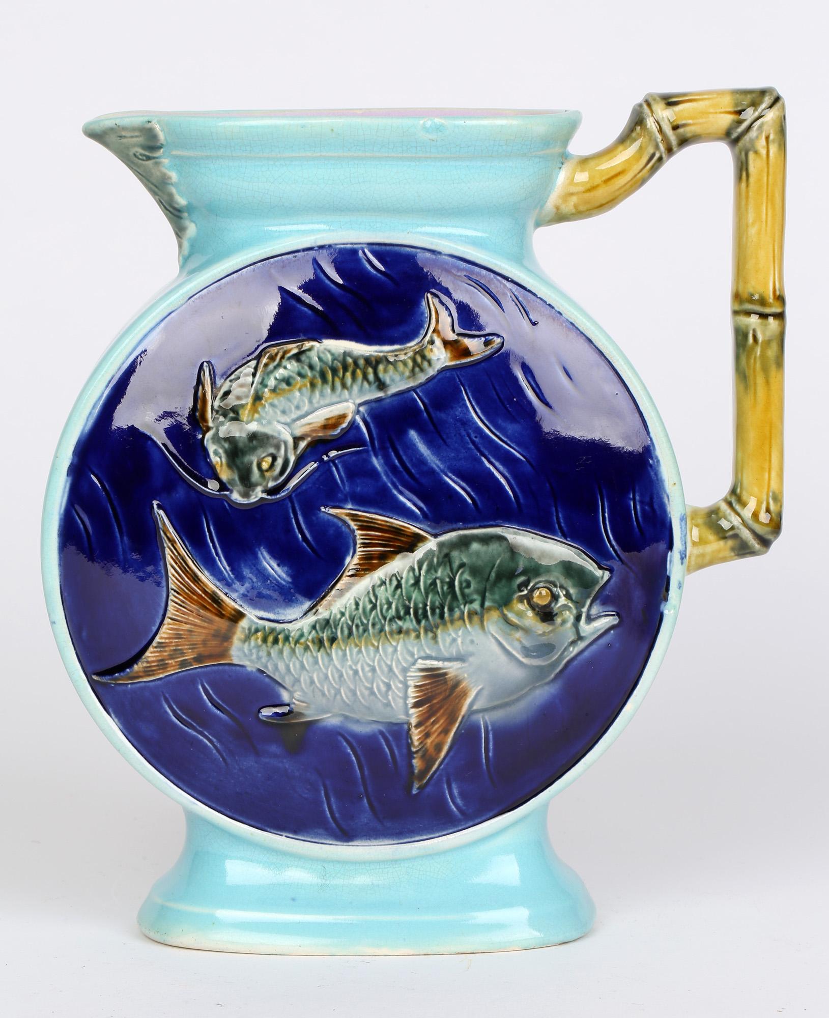 Joseph Holdcroft Majolica Moon Shaped Jug with Fish Dated 1877 4