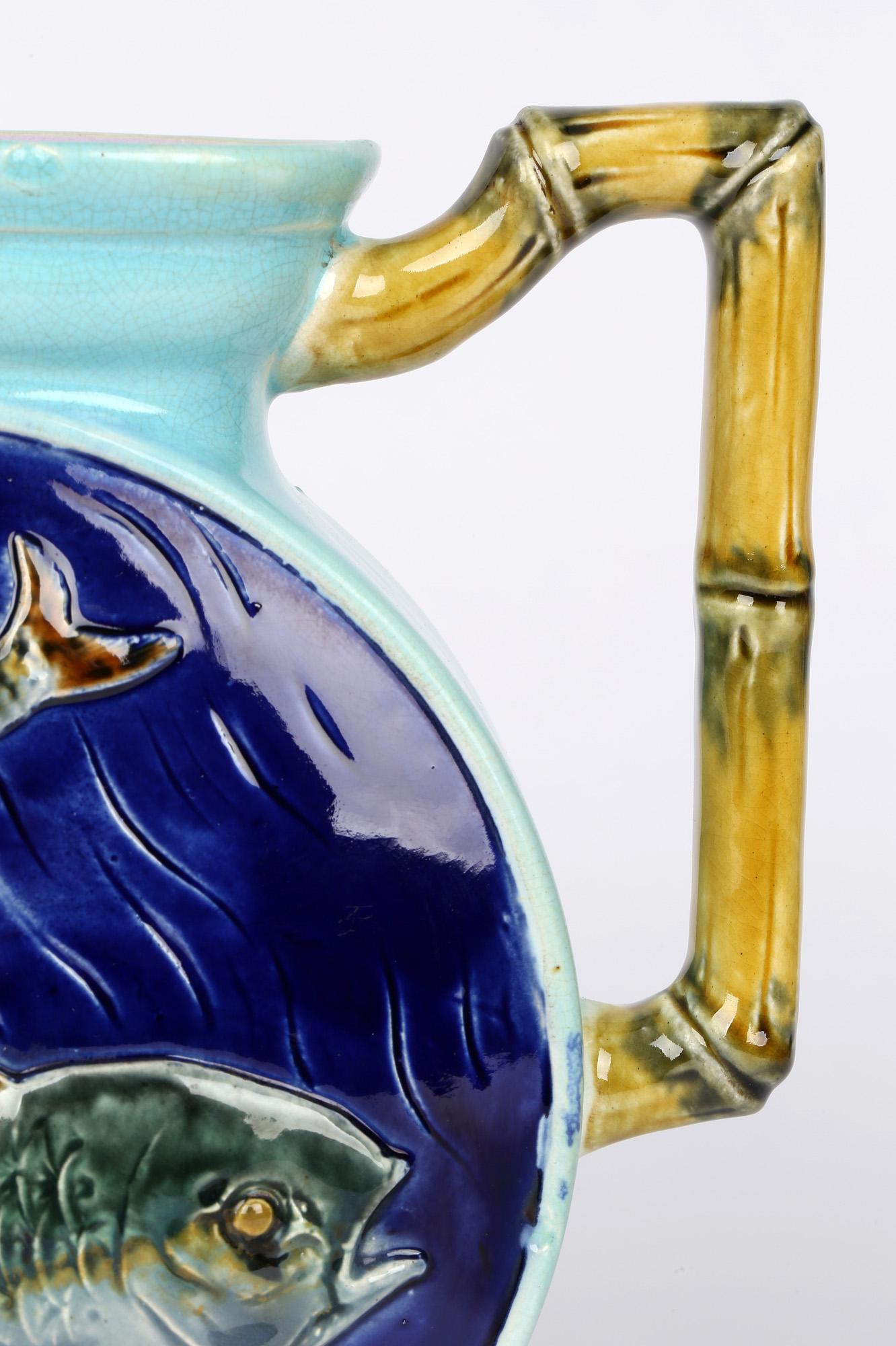 Joseph Holdcroft Majolica Moon Shaped Jug with Fish Dated 1877 5