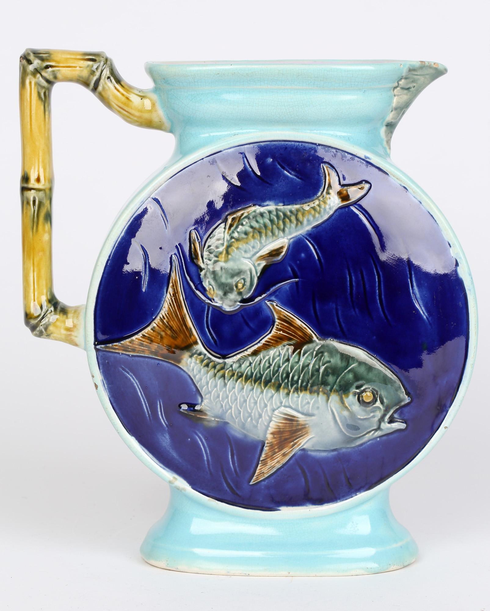 Late 19th Century Joseph Holdcroft Majolica Moon Shaped Jug with Fish Dated 1877